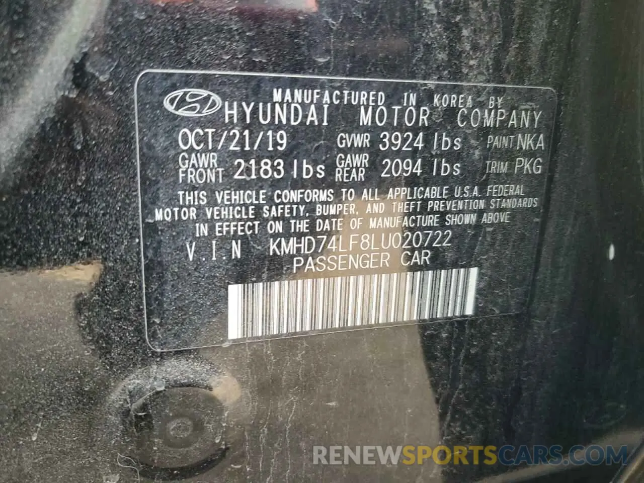 12 fotografías del automóvil dañado KMHD74LF8LU020722 HYUNDAI ELANTRA 2020