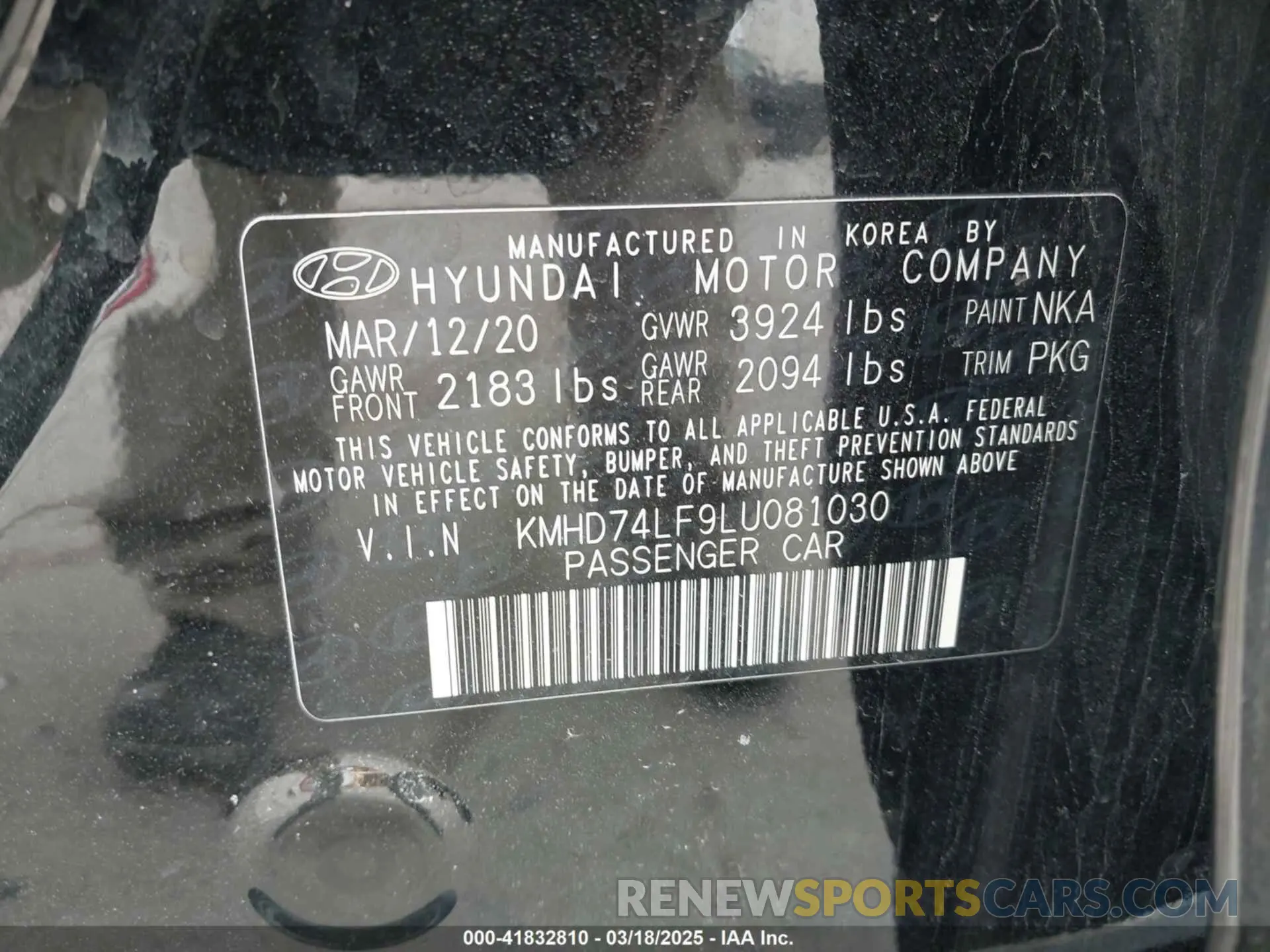 9 fotografías del automóvil dañado KMHD74LF9LU081030 HYUNDAI ELANTRA 2020