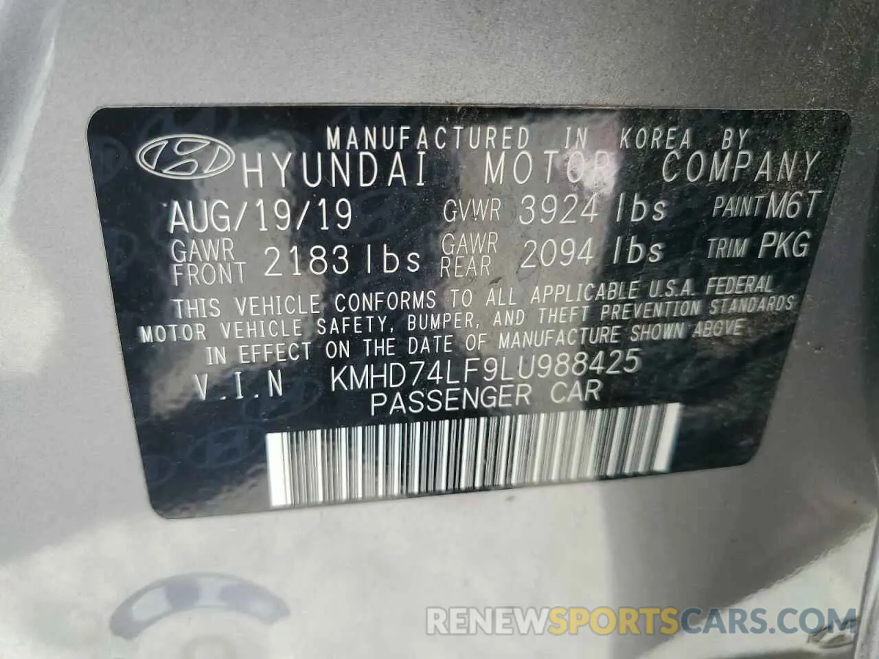12 fotografías del automóvil dañado KMHD74LF9LU988425 HYUNDAI ELANTRA 2020