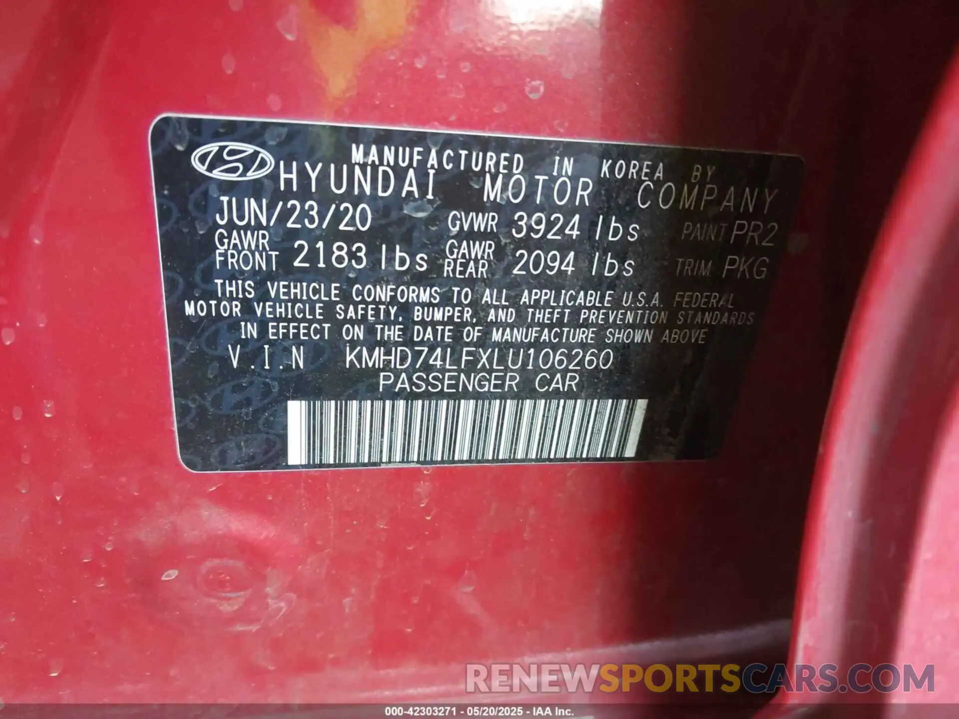 9 fotografías del automóvil dañado KMHD74LFXLU106260 HYUNDAI ELANTRA 2020