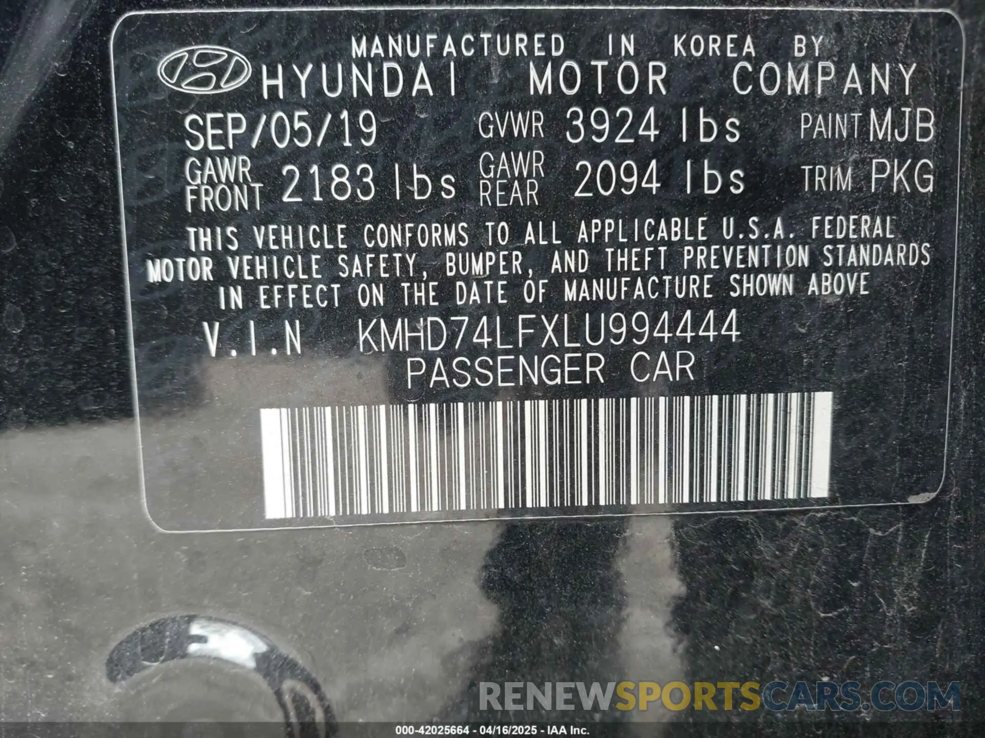 9 fotografías del automóvil dañado KMHD74LFXLU994444 HYUNDAI ELANTRA 2020