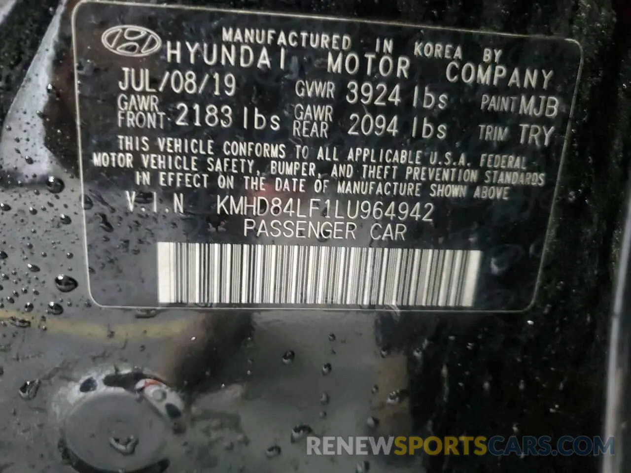 12 fotografías del automóvil dañado KMHD84LF1LU964942 HYUNDAI ELANTRA 2020