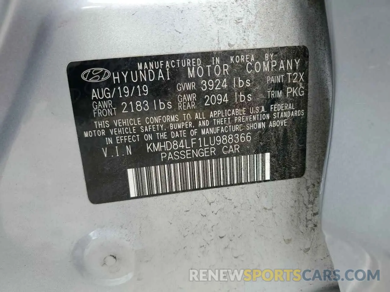 12 fotografías del automóvil dañado KMHD84LF1LU988366 HYUNDAI ELANTRA 2020