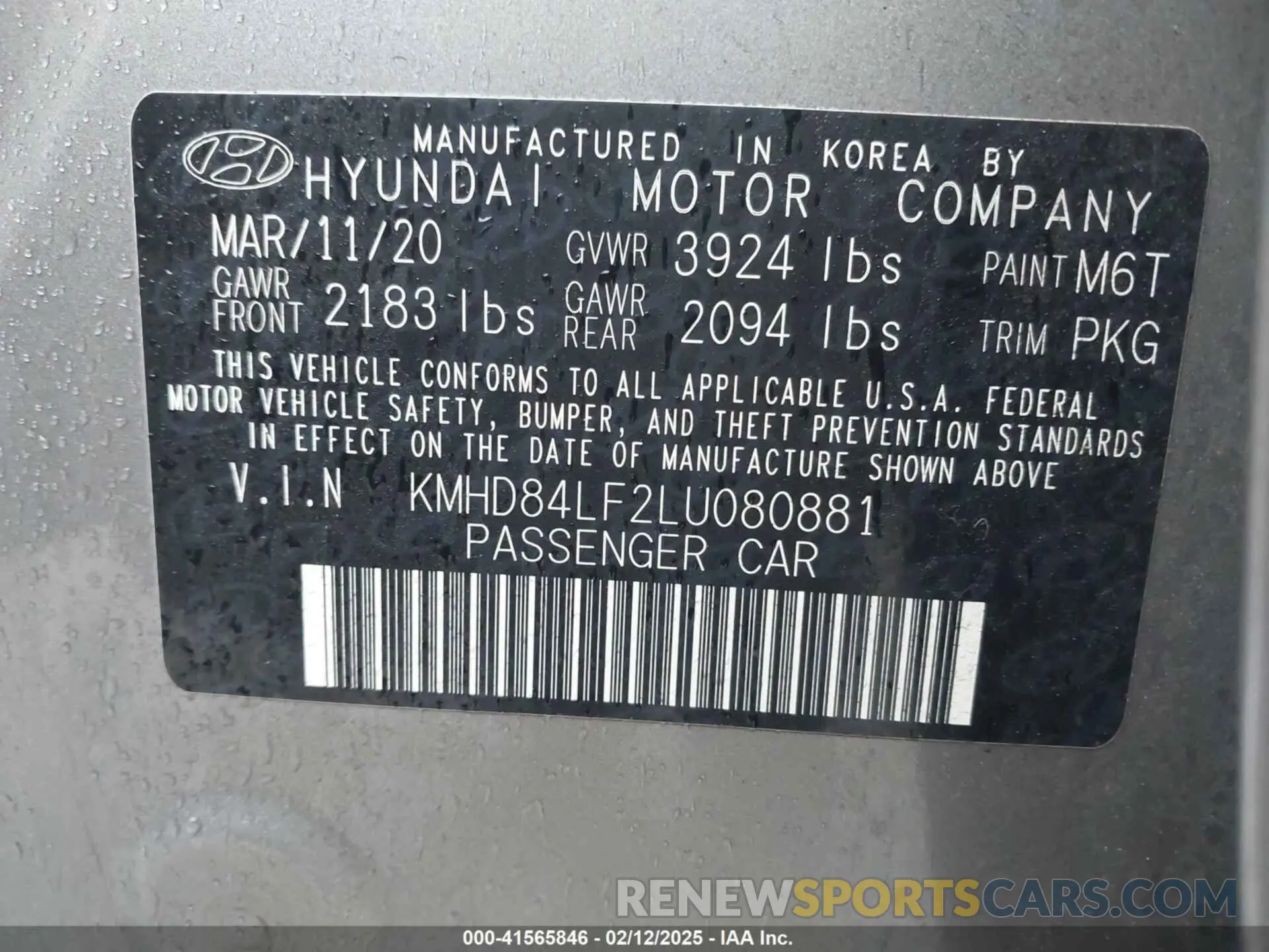 9 fotografías del automóvil dañado KMHD84LF2LU080881 HYUNDAI ELANTRA 2020