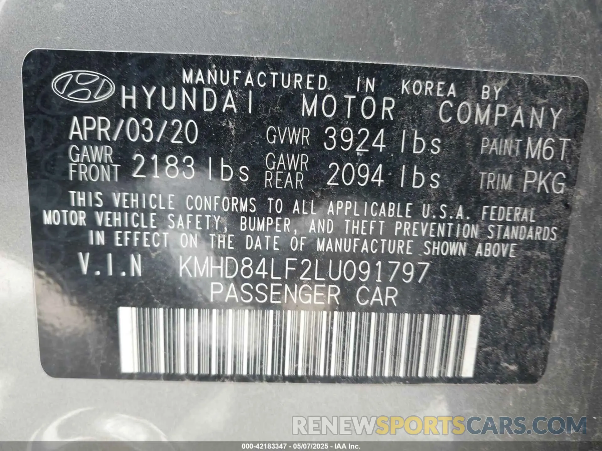 9 fotografías del automóvil dañado KMHD84LF2LU091797 HYUNDAI ELANTRA 2020
