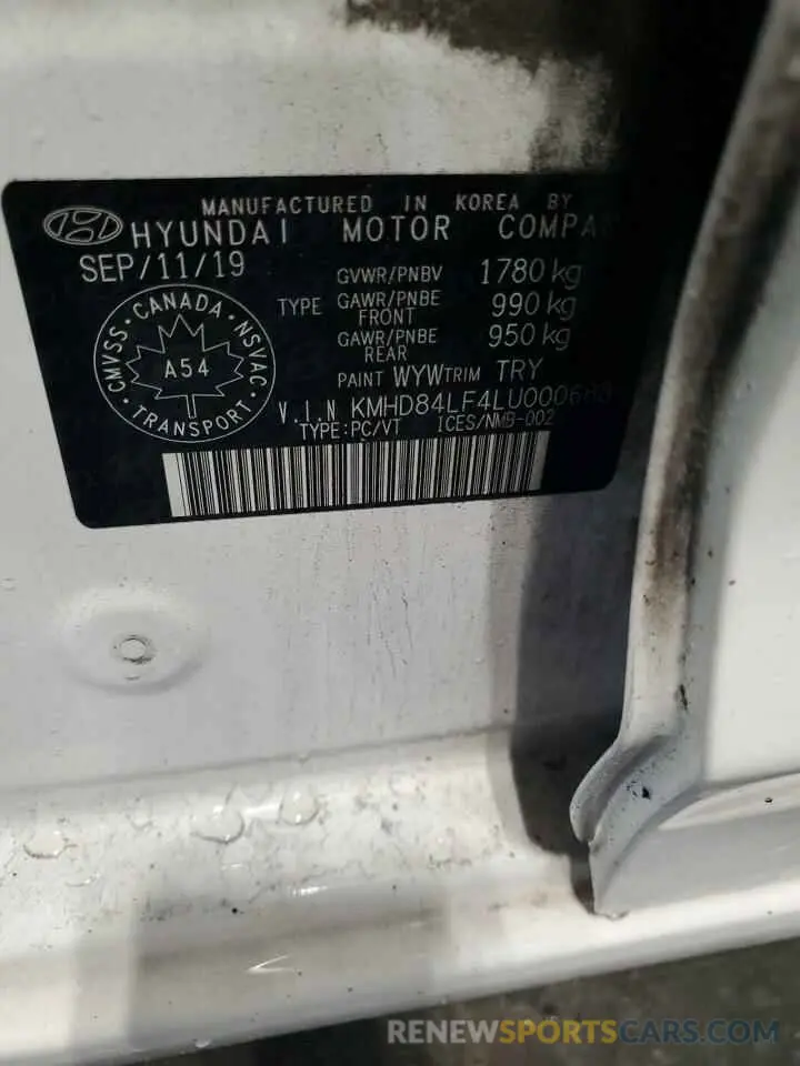 13 fotografías del automóvil dañado KMHD84LF4LU000688 HYUNDAI ELANTRA 2020