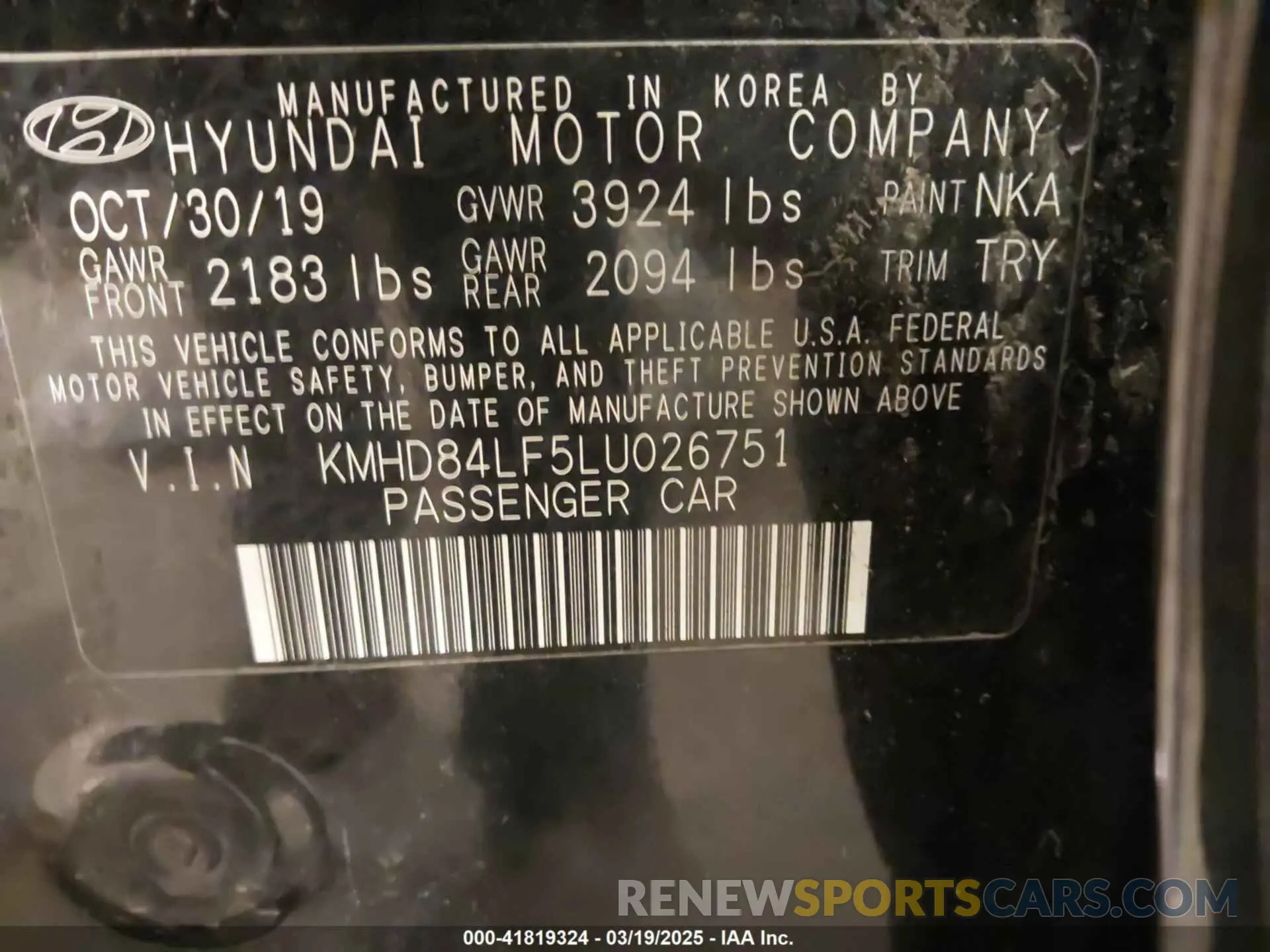 9 fotografías del automóvil dañado KMHD84LF5LU026751 HYUNDAI ELANTRA 2020