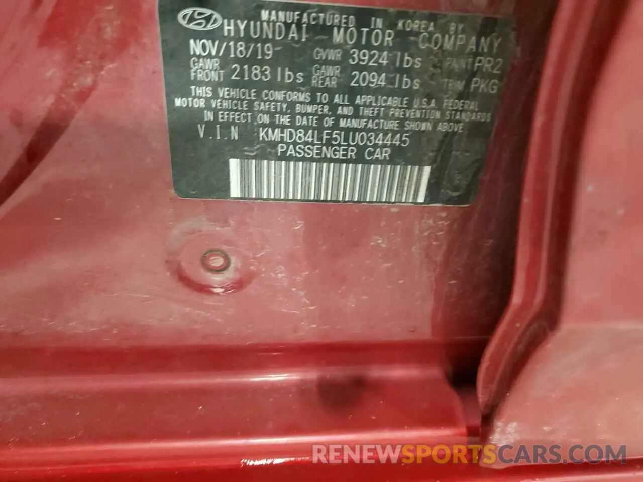 12 fotografías del automóvil dañado KMHD84LF5LU034445 HYUNDAI ELANTRA 2020