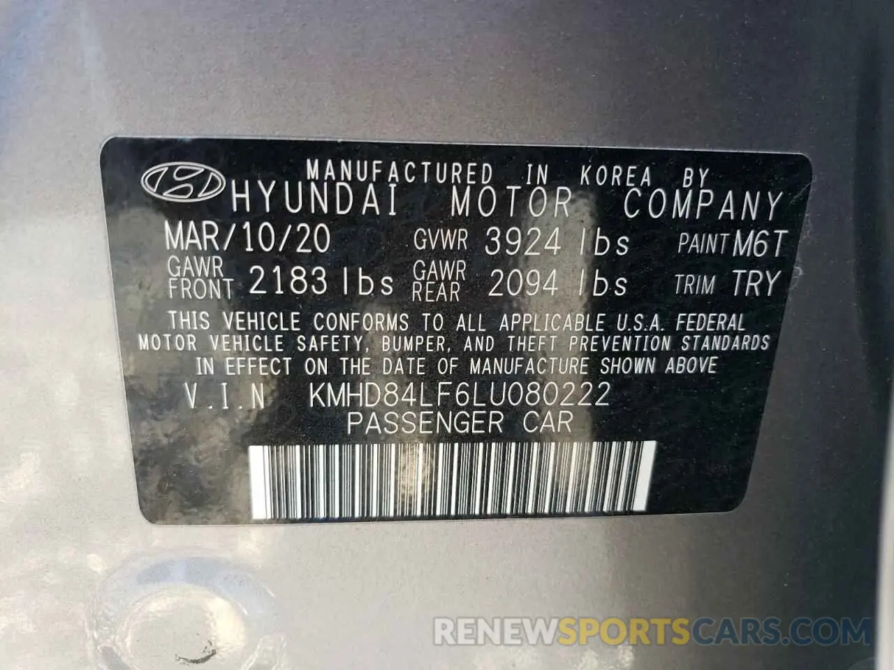 12 fotografías del automóvil dañado KMHD84LF6LU080222 HYUNDAI ELANTRA 2020