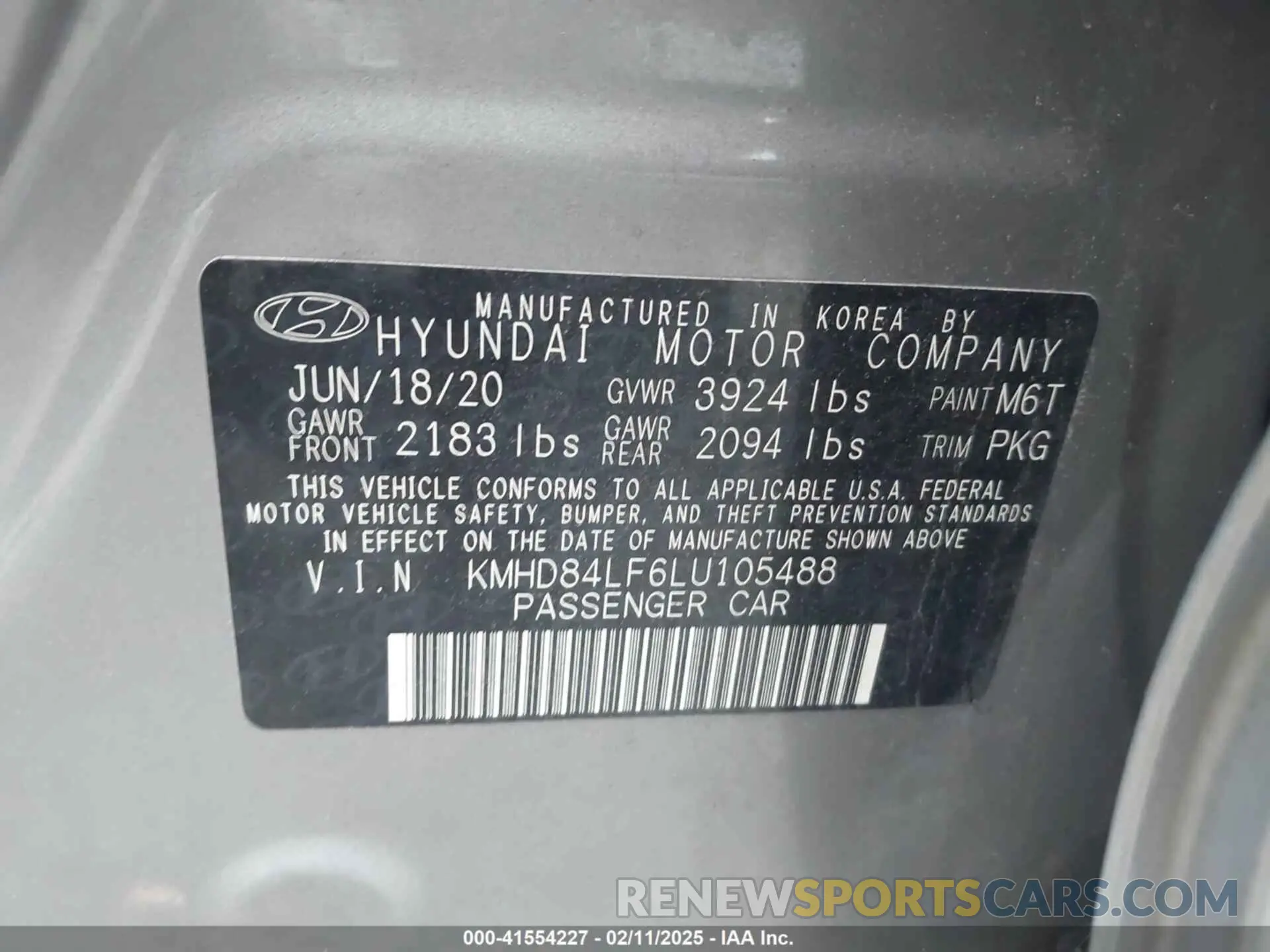 9 fotografías del automóvil dañado KMHD84LF6LU105488 HYUNDAI ELANTRA 2020