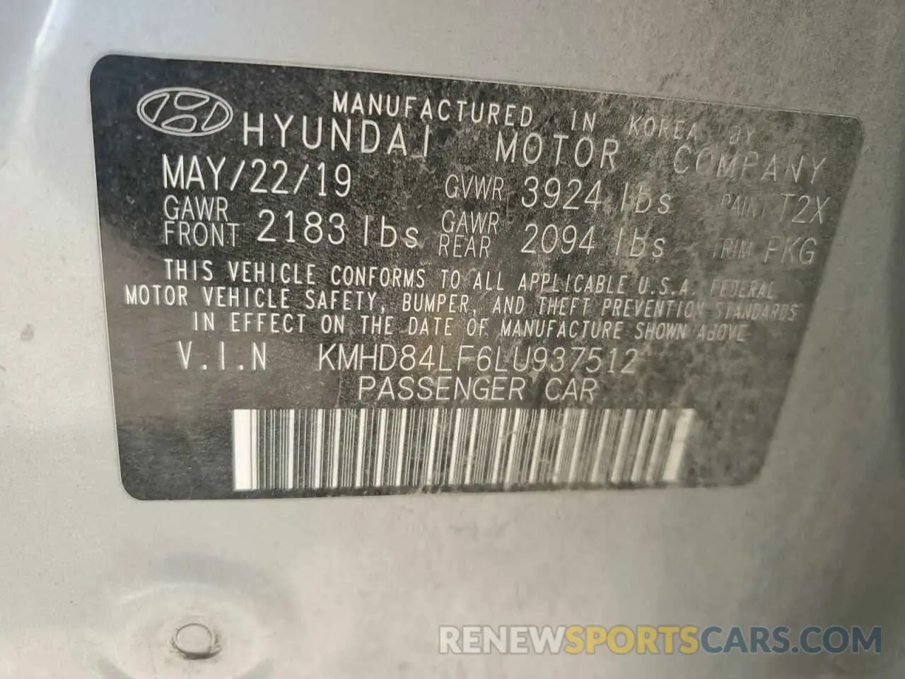 14 fotografías del automóvil dañado KMHD84LF6LU937512 HYUNDAI ELANTRA 2020
