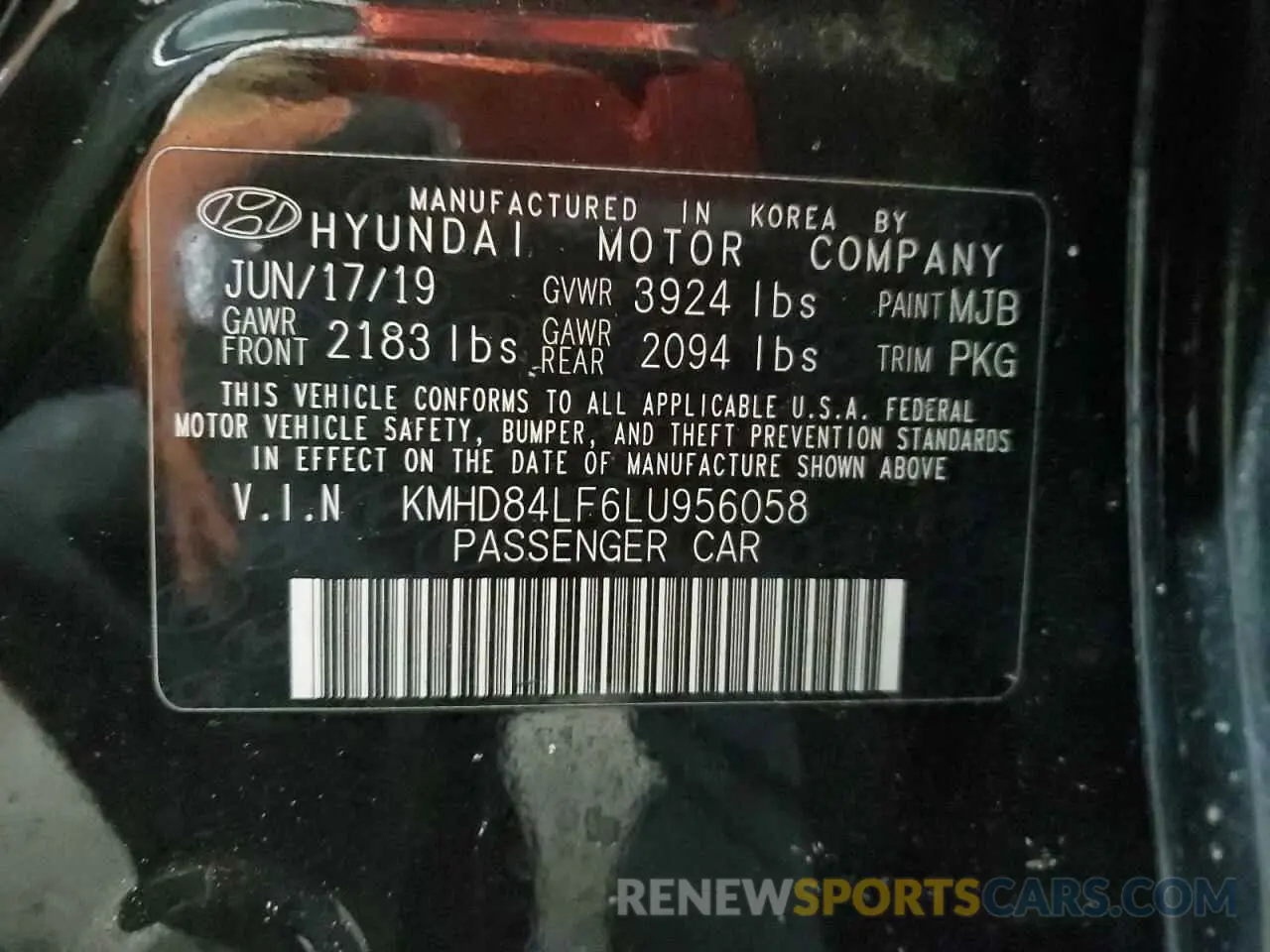 13 fotografías del automóvil dañado KMHD84LF6LU956058 HYUNDAI ELANTRA 2020
