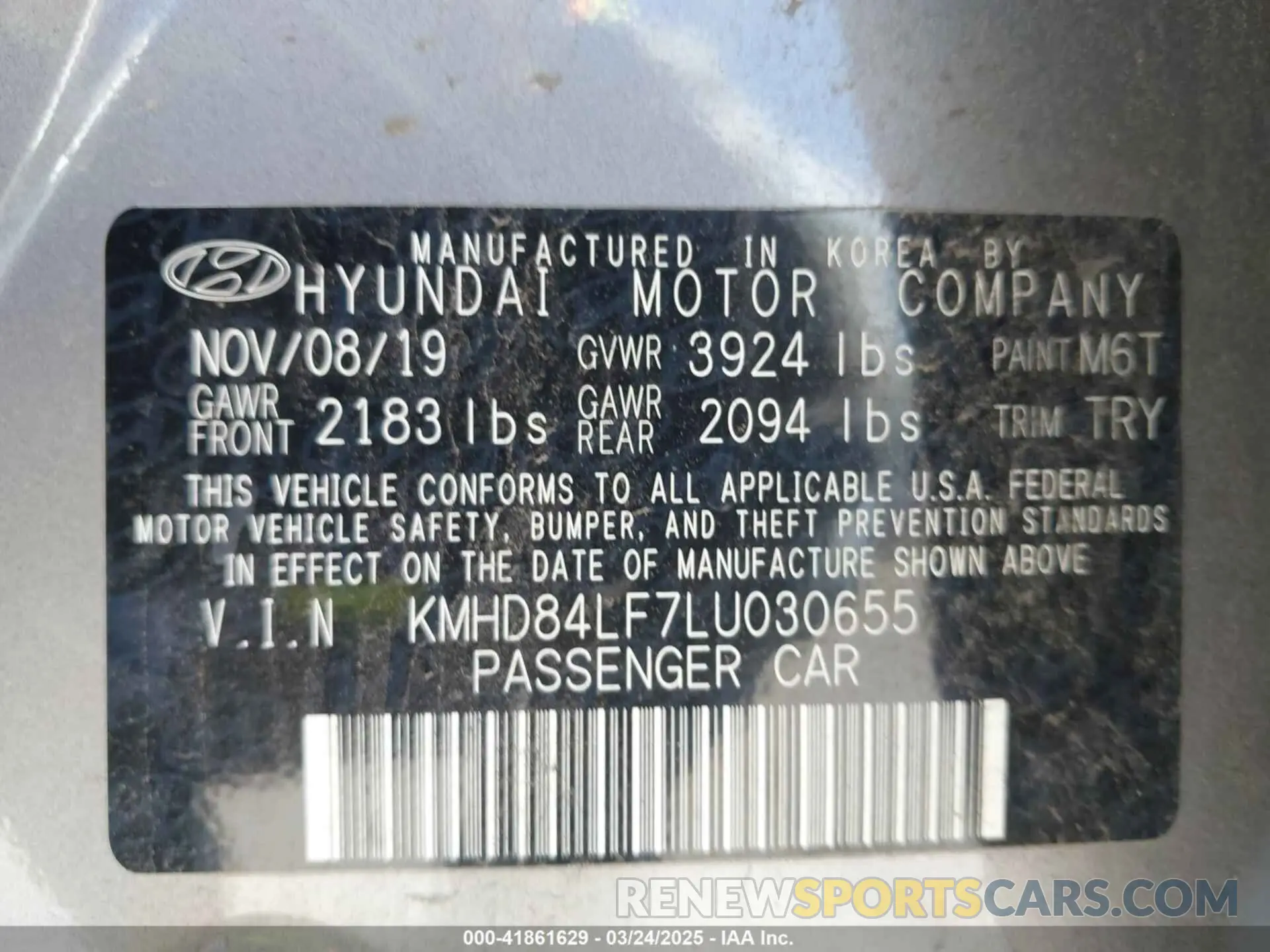 9 fotografías del automóvil dañado KMHD84LF7LU030655 HYUNDAI ELANTRA 2020