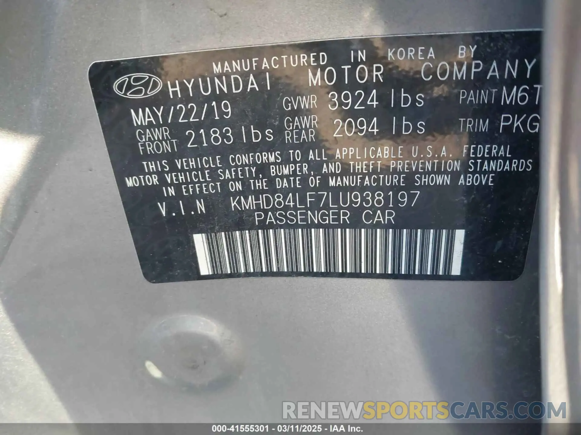 9 fotografías del automóvil dañado KMHD84LF7LU938197 HYUNDAI ELANTRA 2020