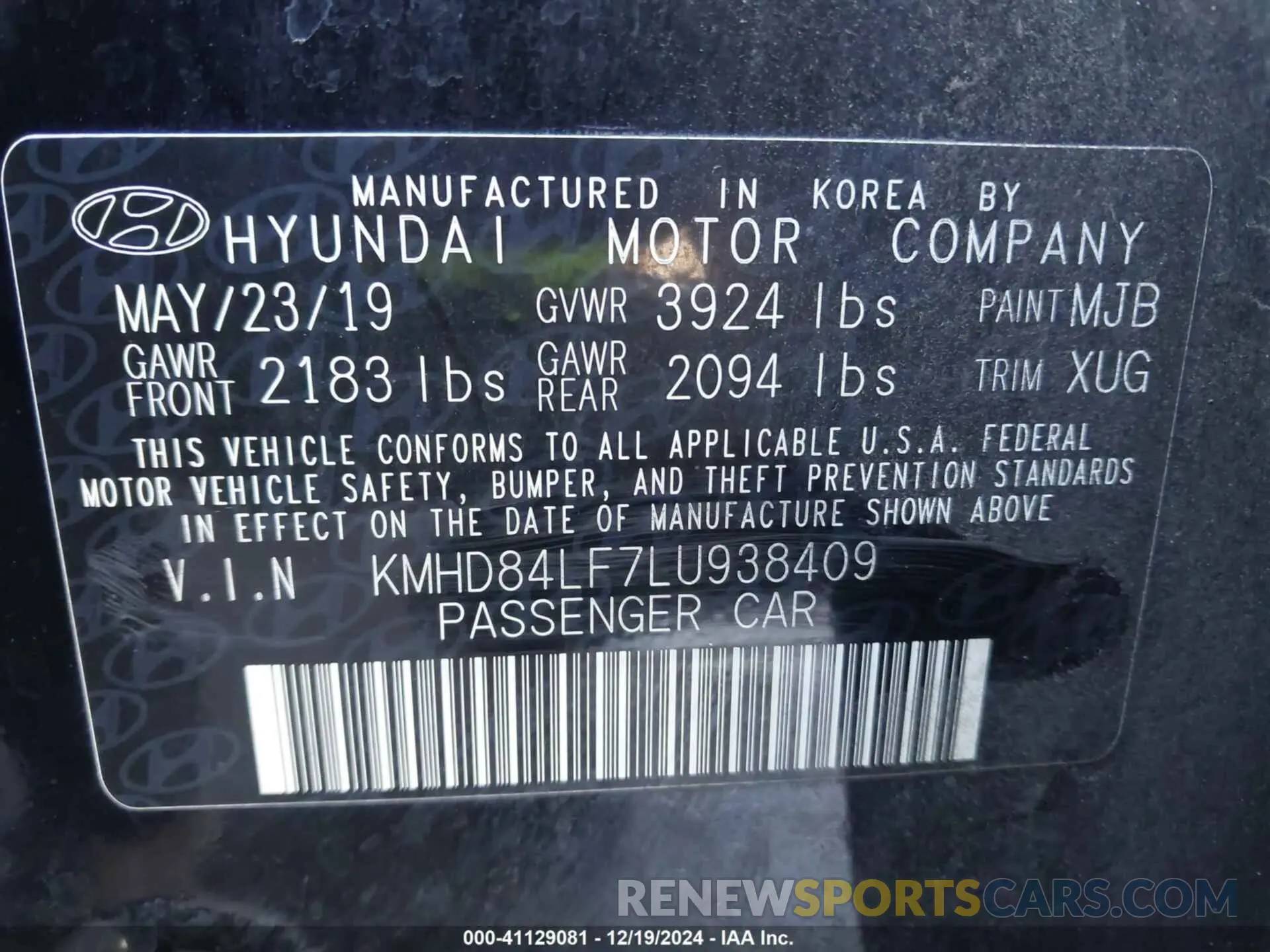 9 fotografías del automóvil dañado KMHD84LF7LU938409 HYUNDAI ELANTRA 2020