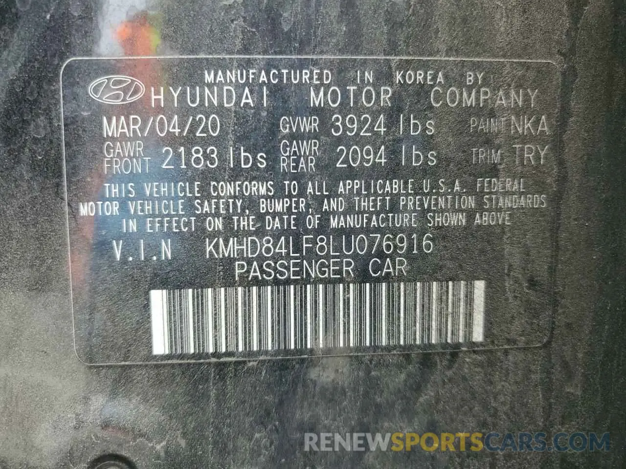 12 fotografías del automóvil dañado KMHD84LF8LU076916 HYUNDAI ELANTRA 2020