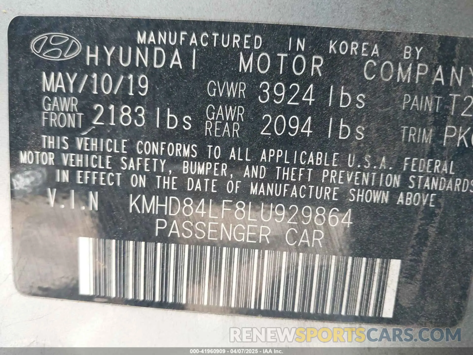 9 fotografías del automóvil dañado KMHD84LF8LU929864 HYUNDAI ELANTRA 2020