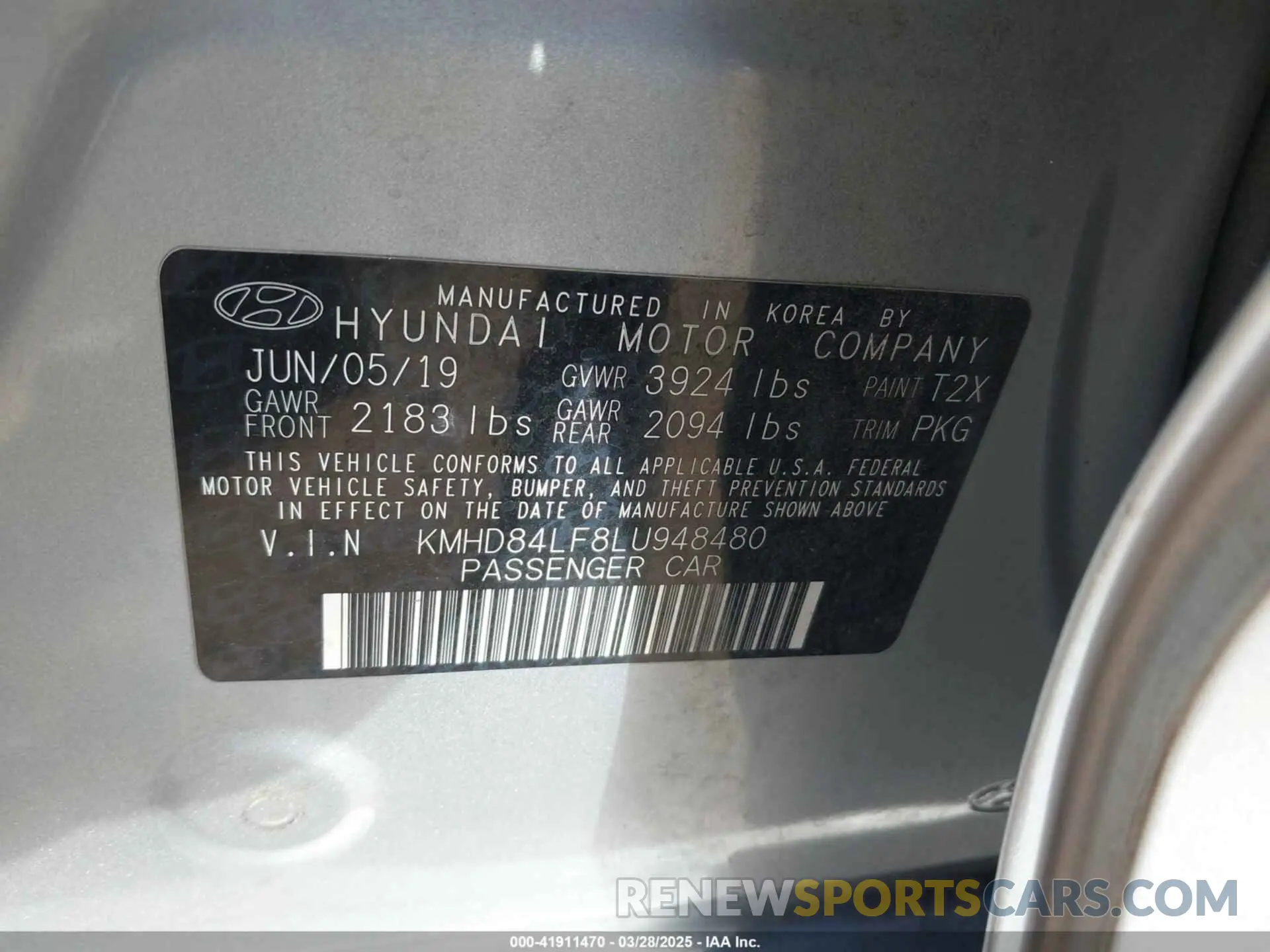 9 fotografías del automóvil dañado KMHD84LF8LU948480 HYUNDAI ELANTRA 2020