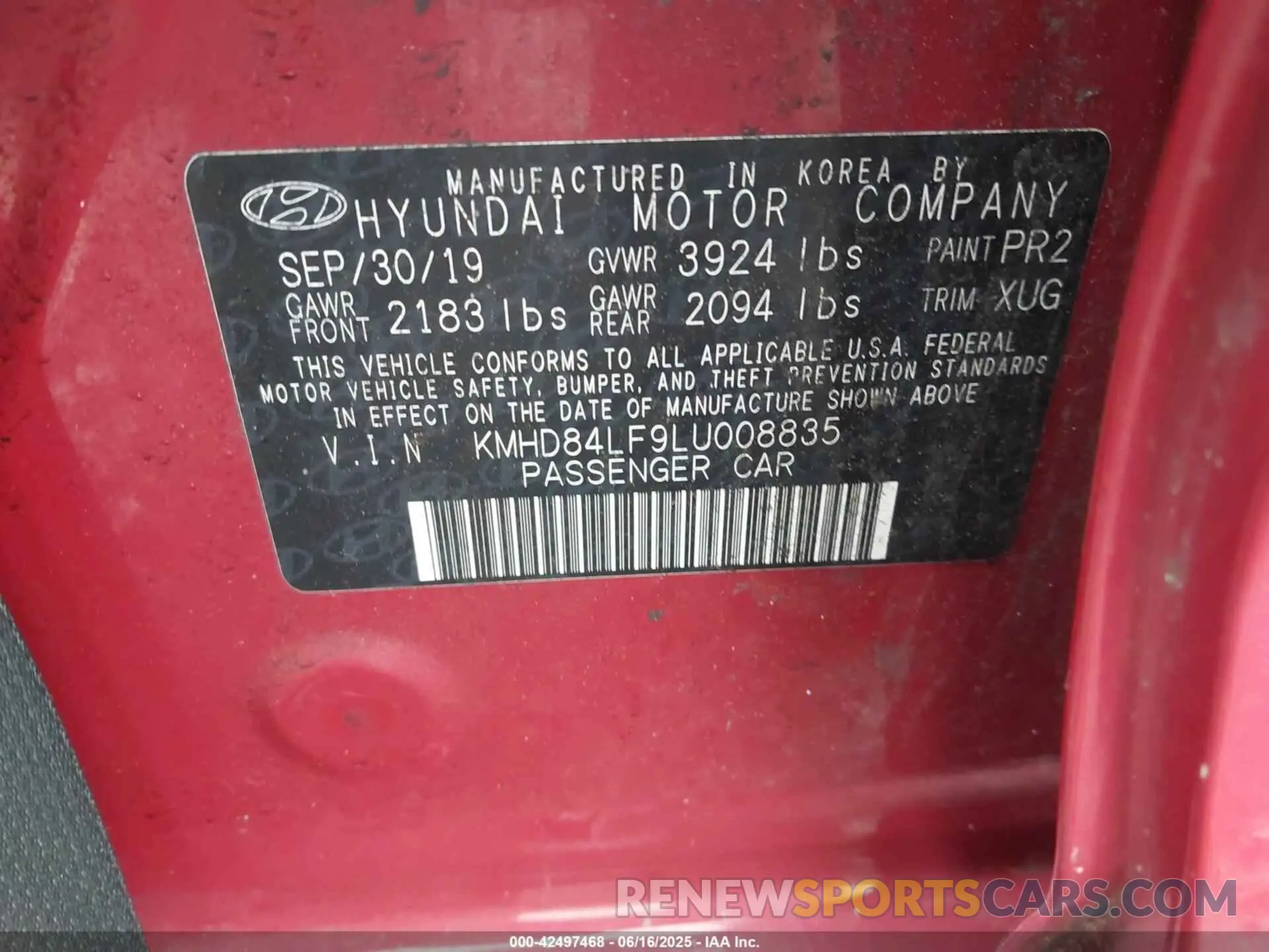 9 fotografías del automóvil dañado KMHD84LF9LU008835 HYUNDAI ELANTRA 2020