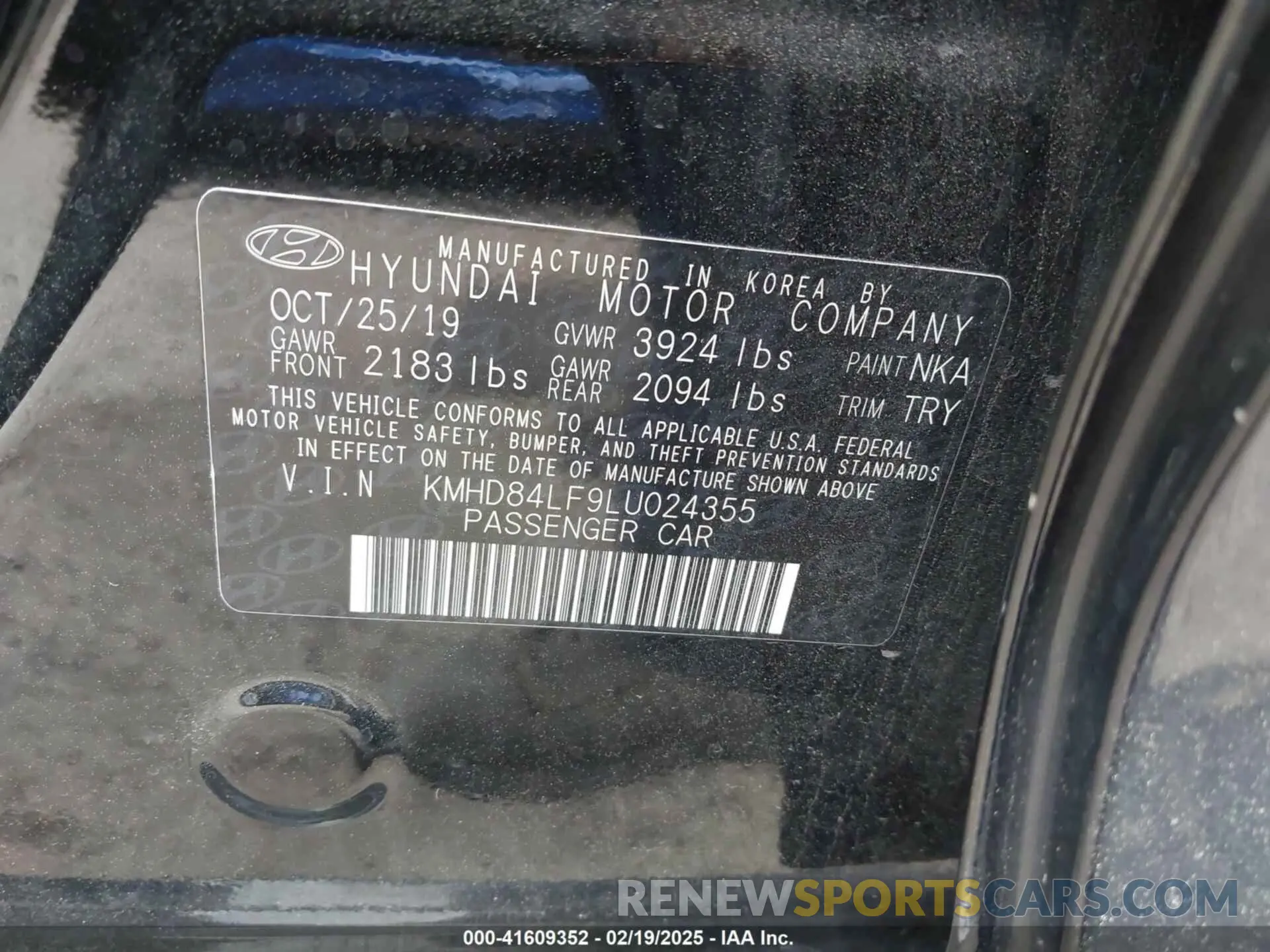 9 fotografías del automóvil dañado KMHD84LF9LU024355 HYUNDAI ELANTRA 2020