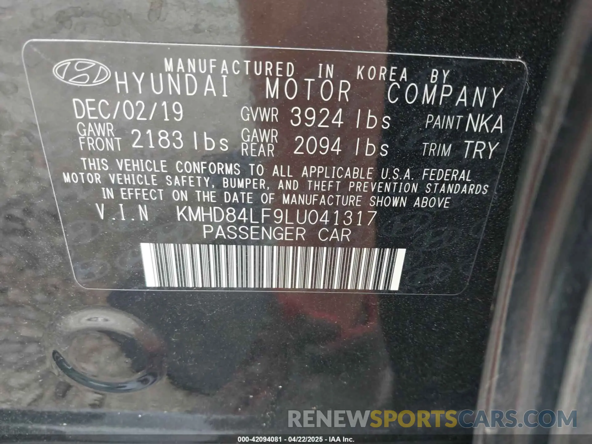 9 fotografías del automóvil dañado KMHD84LF9LU041317 HYUNDAI ELANTRA 2020