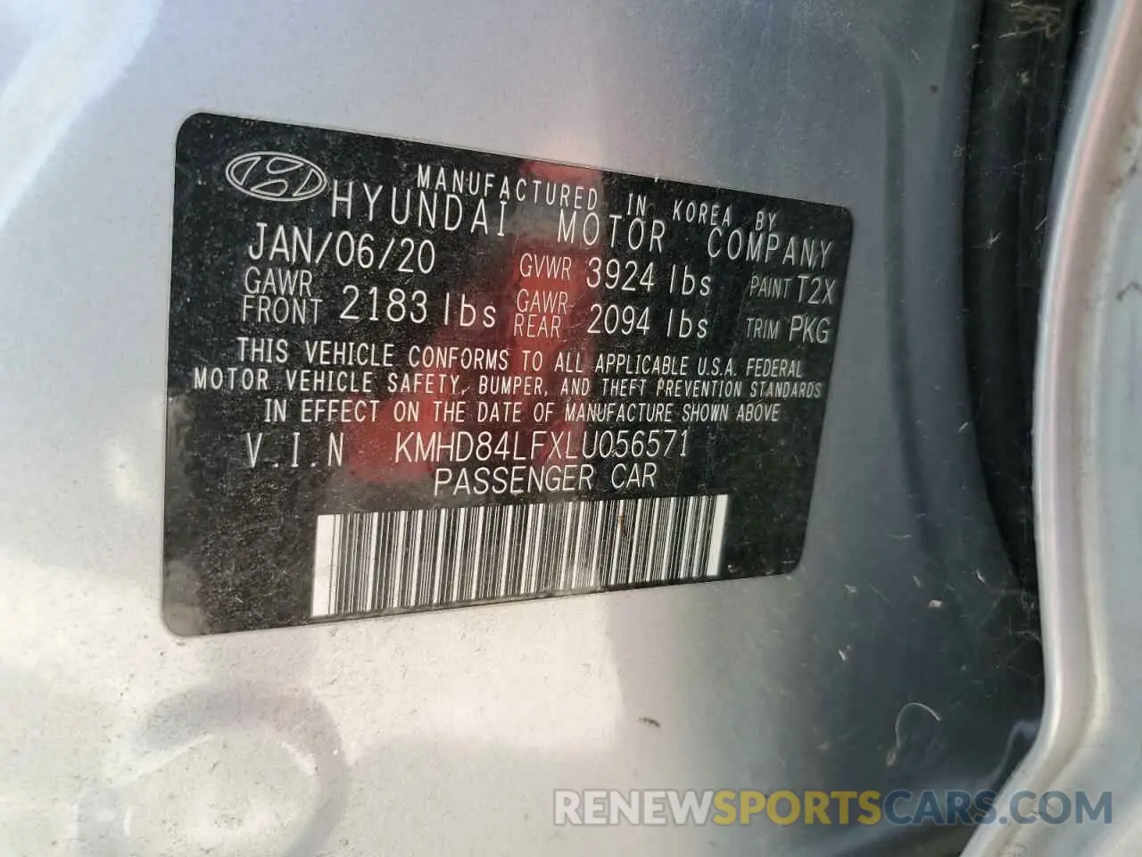 12 fotografías del automóvil dañado KMHD84LFXLU056571 HYUNDAI ELANTRA 2020