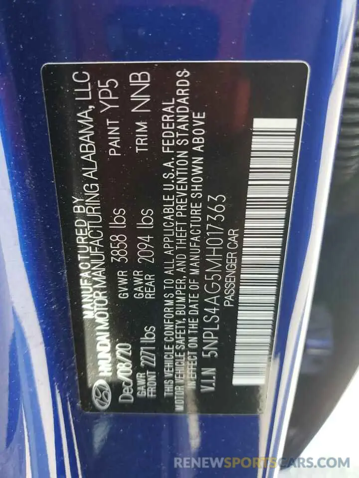 12 fotografías del automóvil dañado 5NPLS4AG5MH017363 HYUNDAI ELANTRA 2021