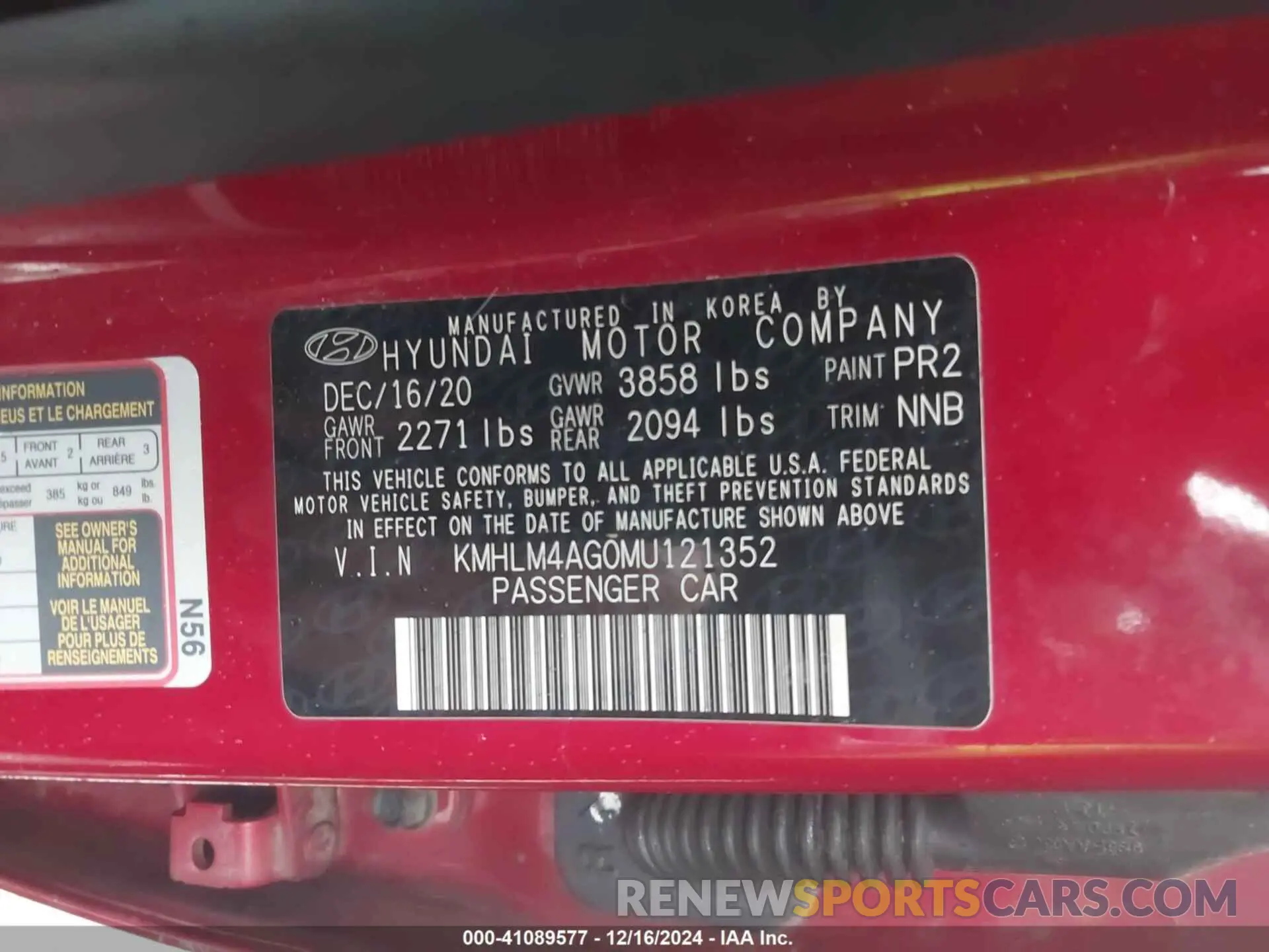 9 fotografías del automóvil dañado KMHLM4AG0MU121352 HYUNDAI ELANTRA 2021