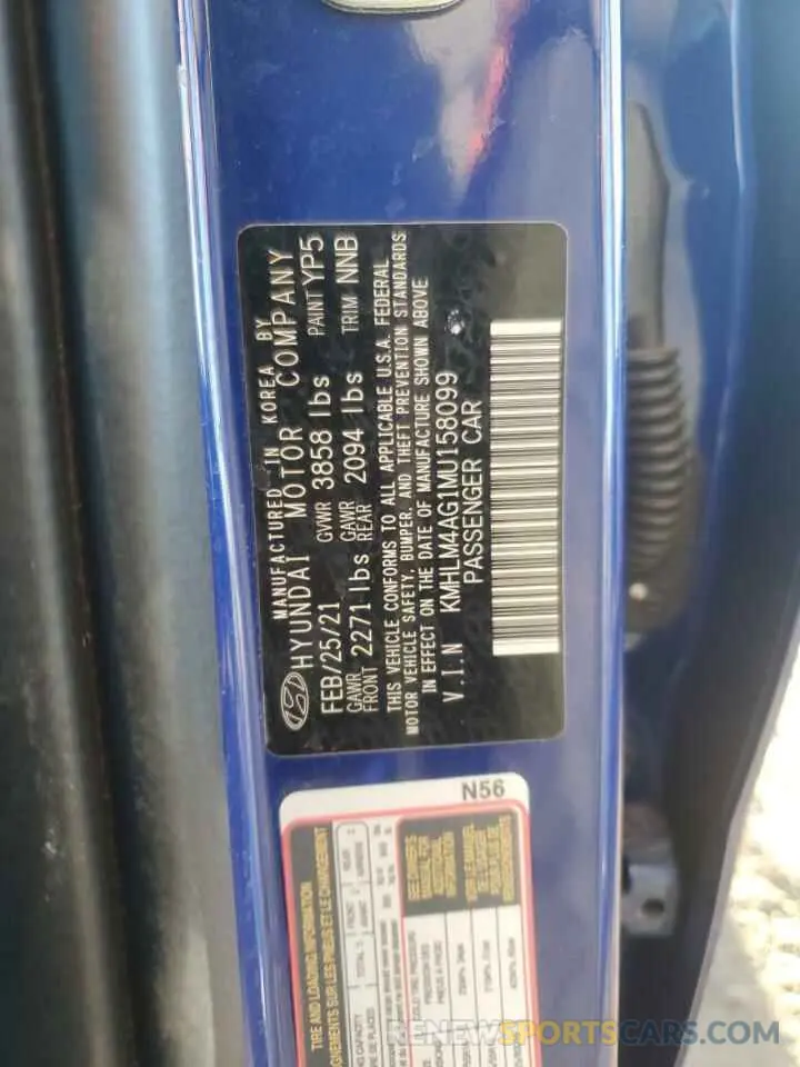 12 fotografías del automóvil dañado KMHLM4AG1MU158099 HYUNDAI ELANTRA 2021