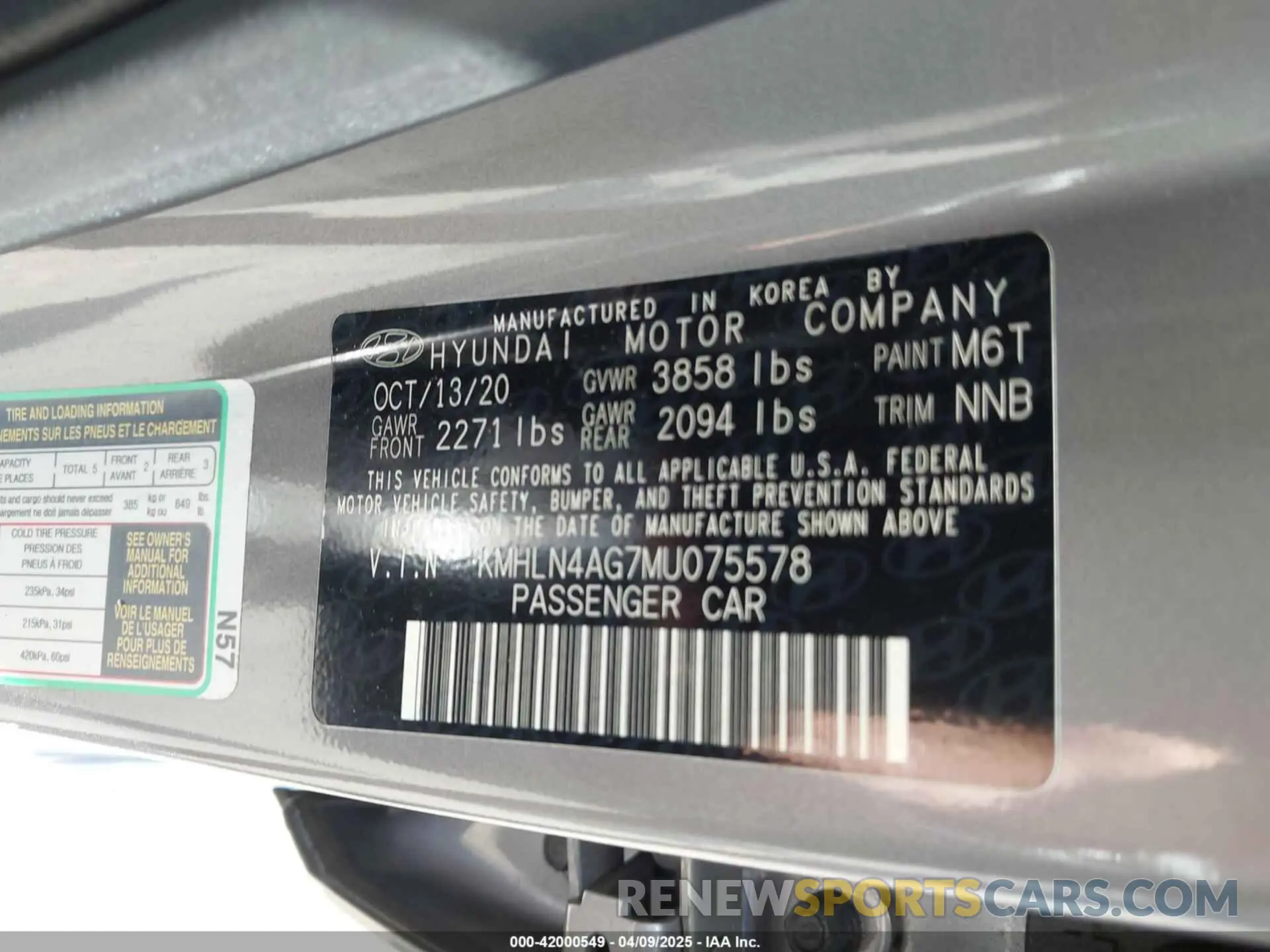 9 fotografías del automóvil dañado KMHLN4AG7MU075578 HYUNDAI ELANTRA 2021