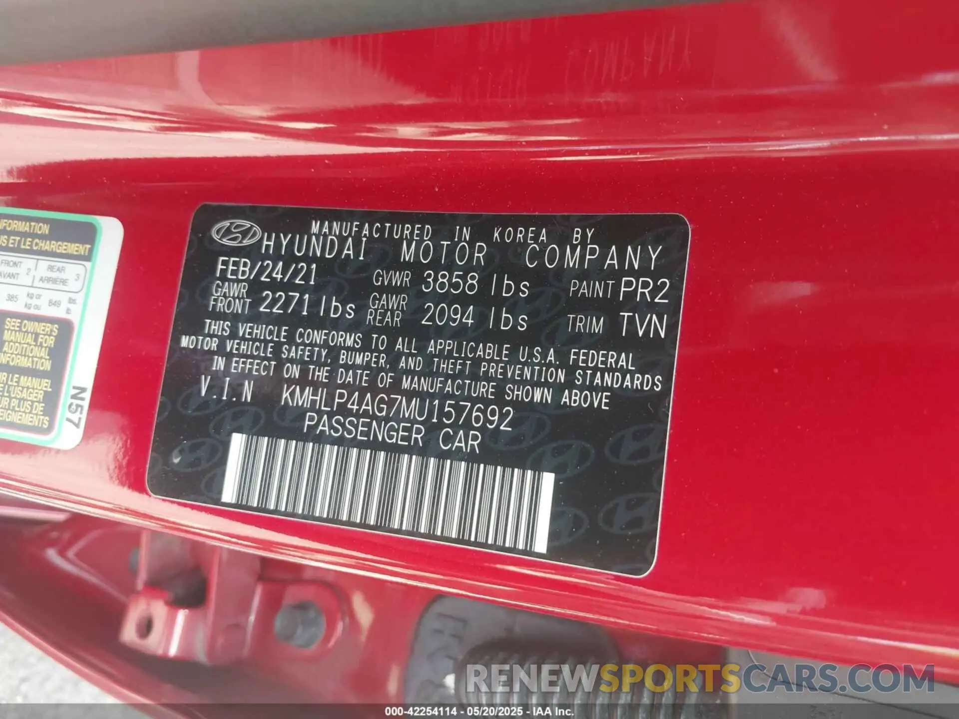 9 fotografías del automóvil dañado KMHLP4AG7MU157692 HYUNDAI ELANTRA 2021