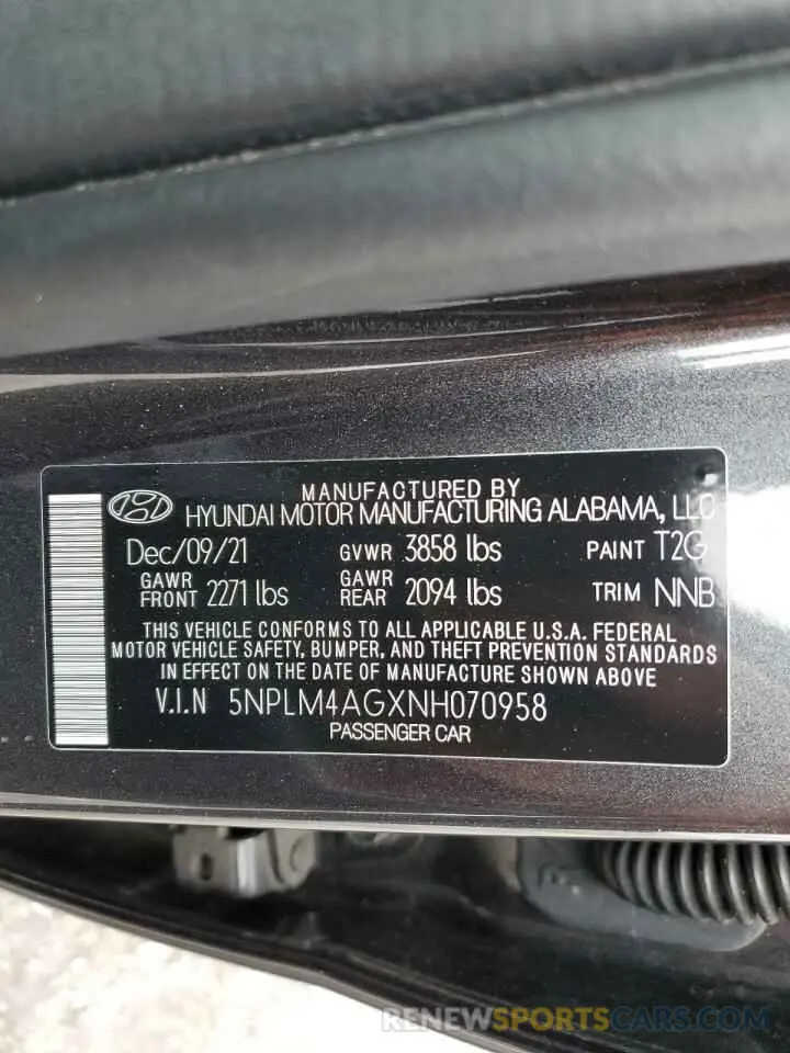 12 fotografías del automóvil dañado 5NPLM4AGXNH070958 HYUNDAI ELANTRA 2022