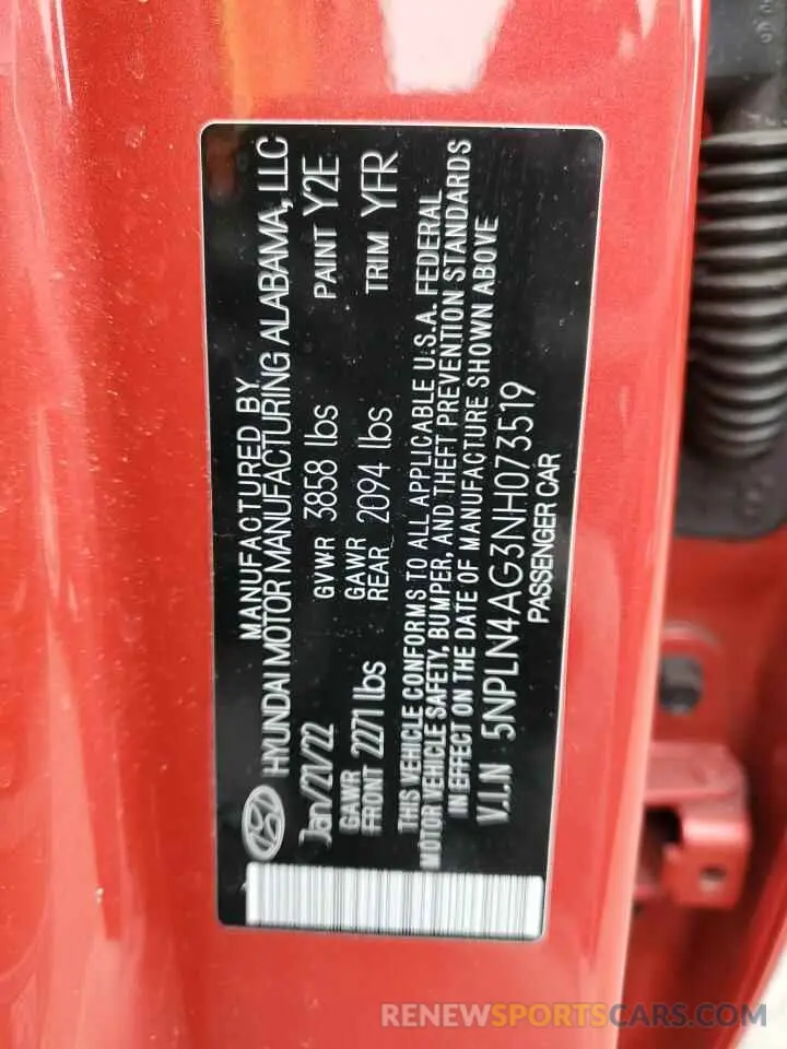 12 fotografías del automóvil dañado 5NPLN4AG3NH073519 HYUNDAI ELANTRA 2022