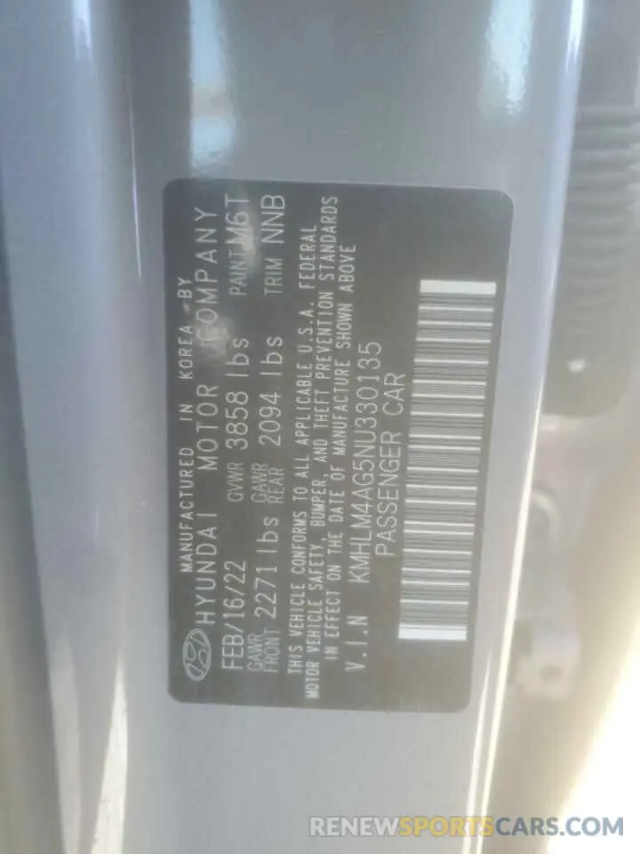 12 fotografías del automóvil dañado KMHLM4AG5NU330135 HYUNDAI ELANTRA 2022