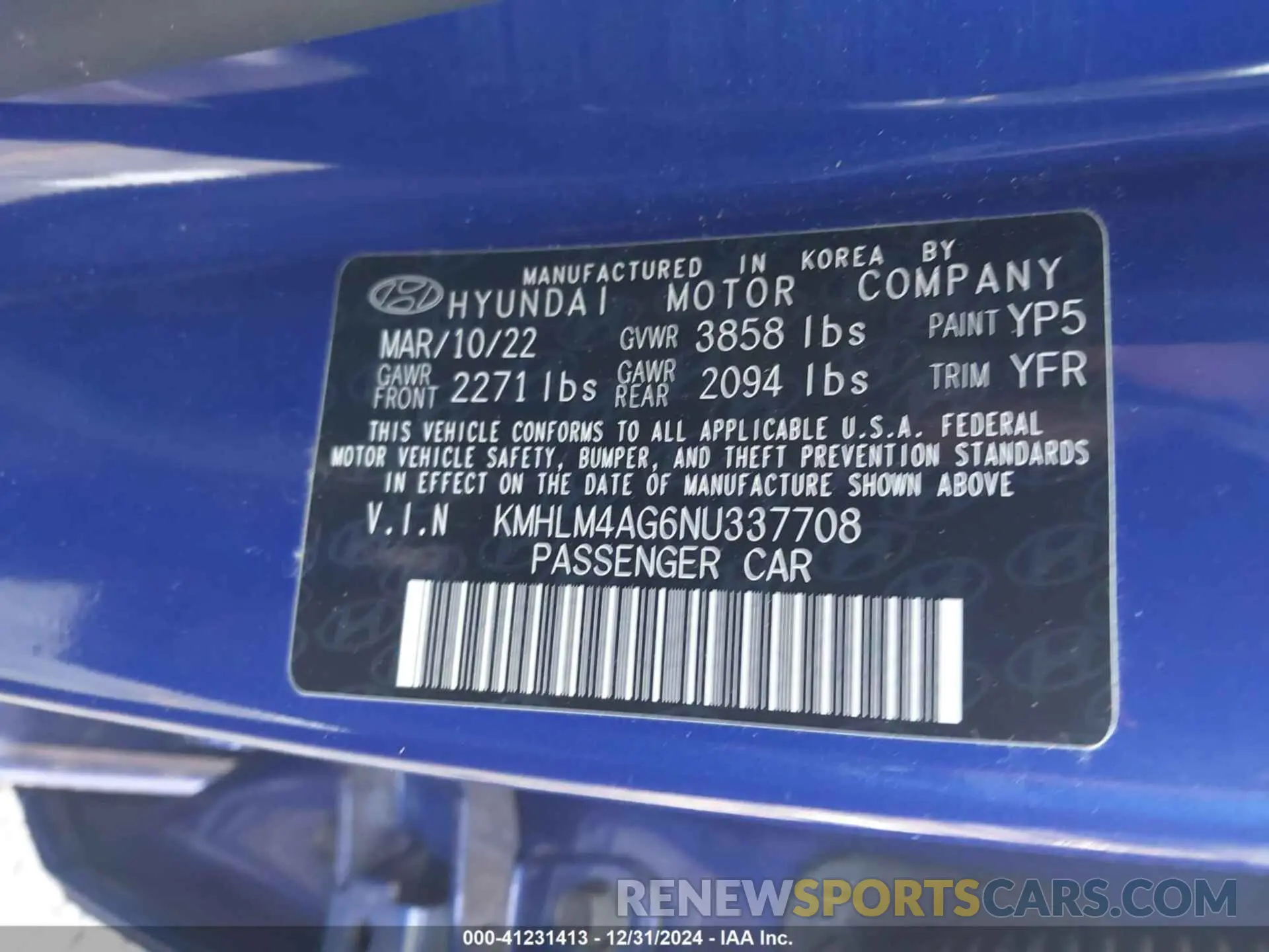 9 fotografías del automóvil dañado KMHLM4AG6NU337708 HYUNDAI ELANTRA 2022