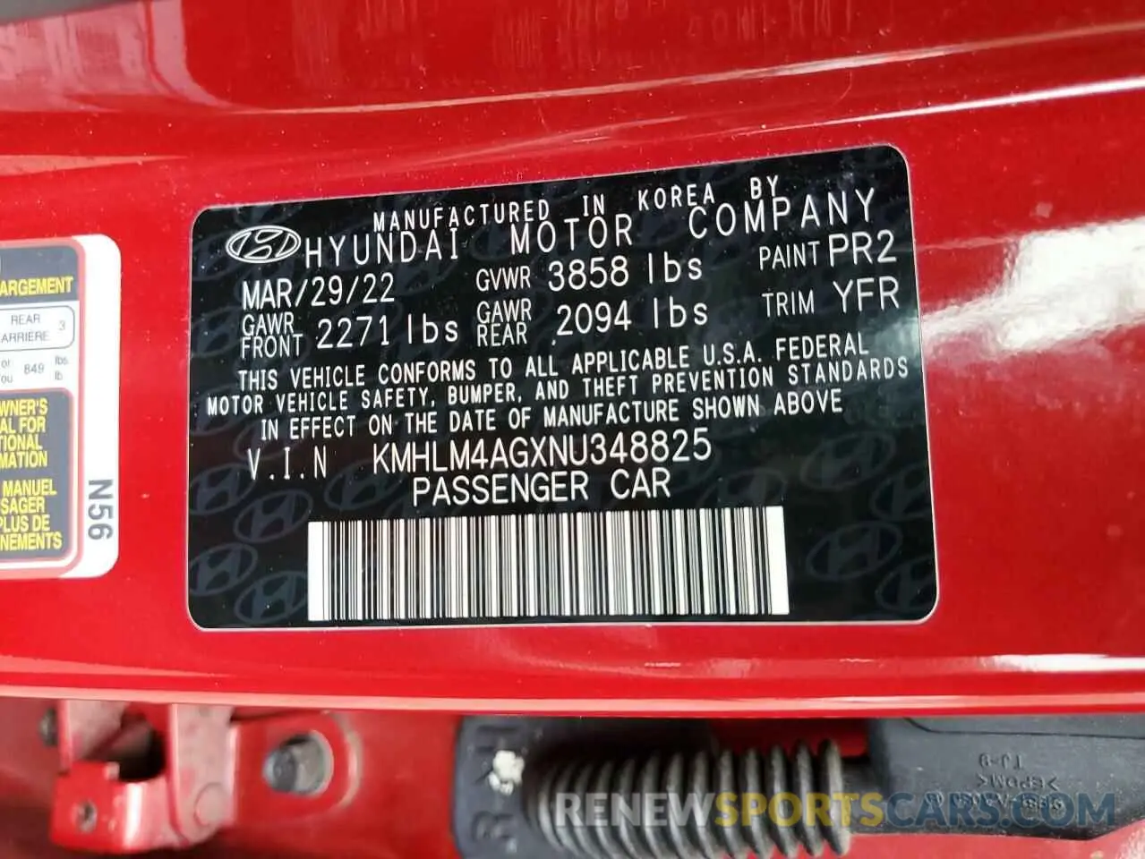 12 fotografías del automóvil dañado KMHLM4AGXNU348825 HYUNDAI ELANTRA 2022