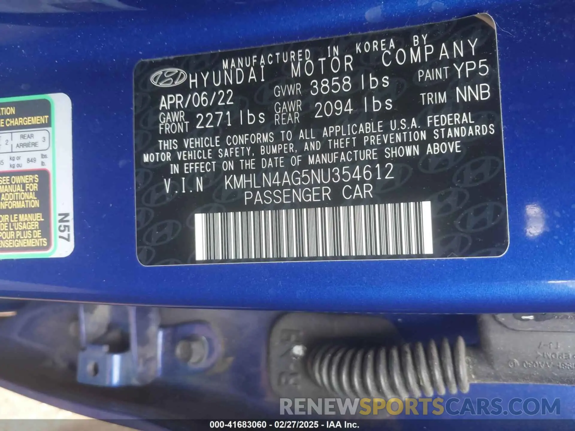 9 fotografías del automóvil dañado KMHLN4AG5NU354612 HYUNDAI ELANTRA 2022