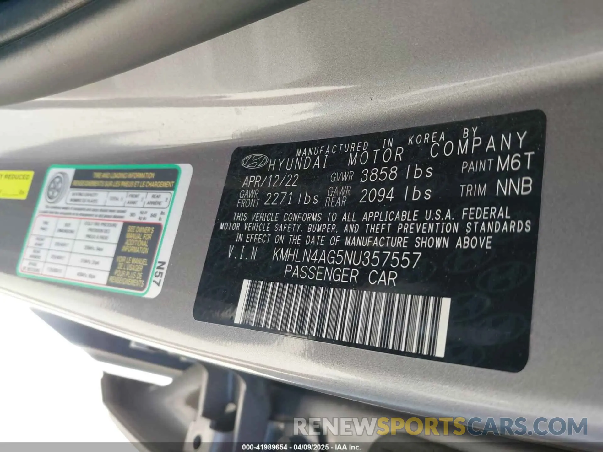 9 fotografías del automóvil dañado KMHLN4AG5NU357557 HYUNDAI ELANTRA 2022