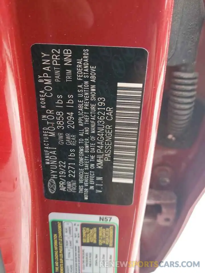 12 fotografías del automóvil dañado KMHLP4AG4NU362193 HYUNDAI ELANTRA 2022