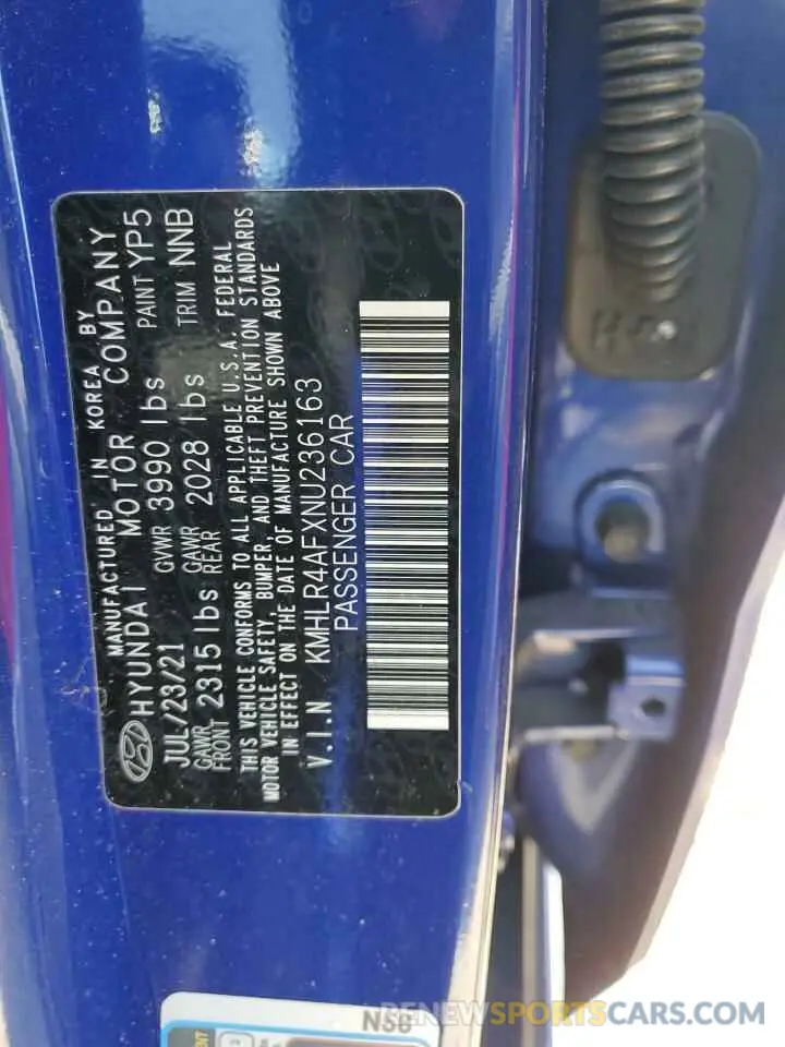 12 fotografías del automóvil dañado KMHLR4AFXNU236163 HYUNDAI ELANTRA 2022