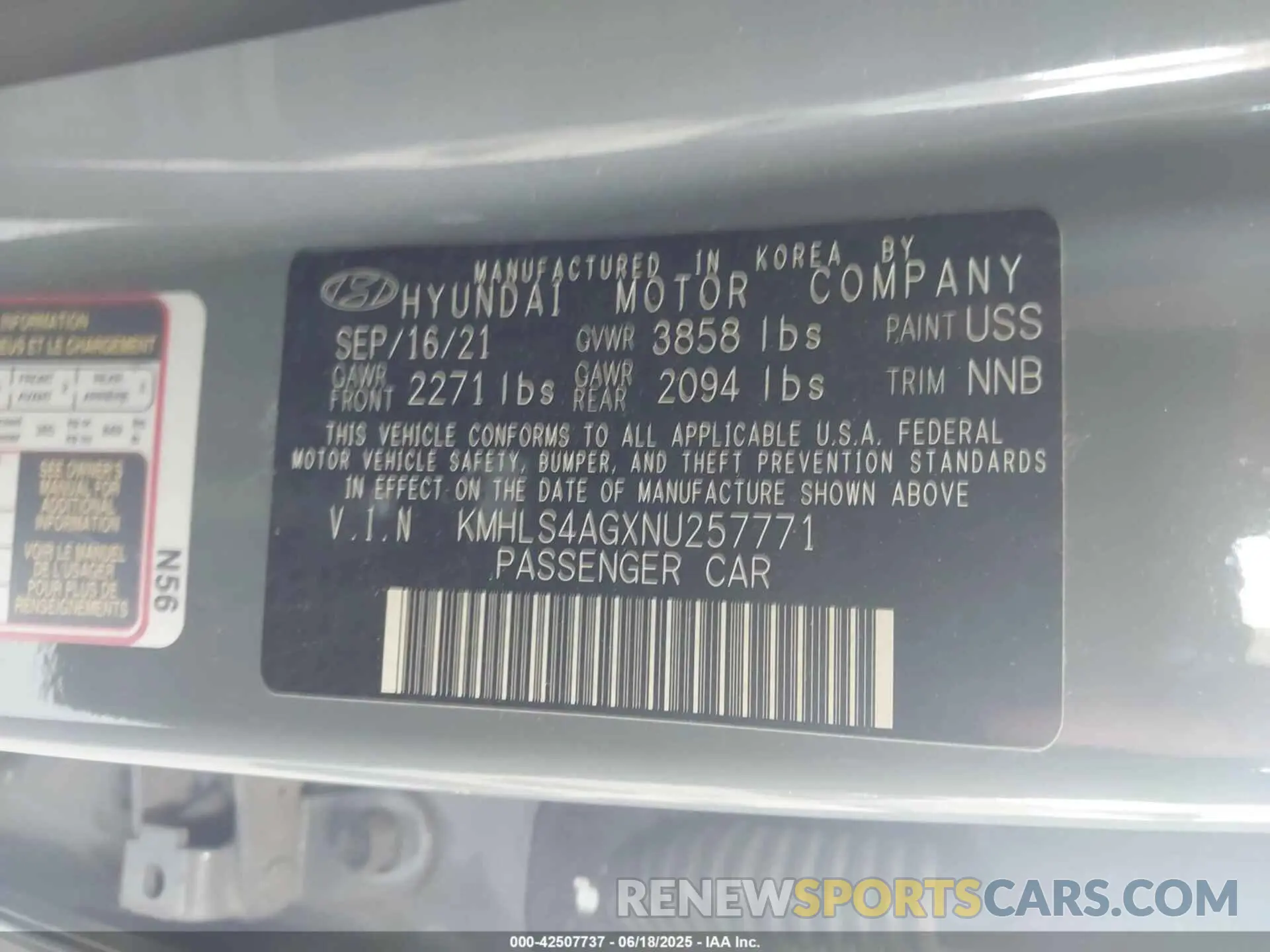 9 fotografías del automóvil dañado KMHLS4AGXNU257771 HYUNDAI ELANTRA 2022