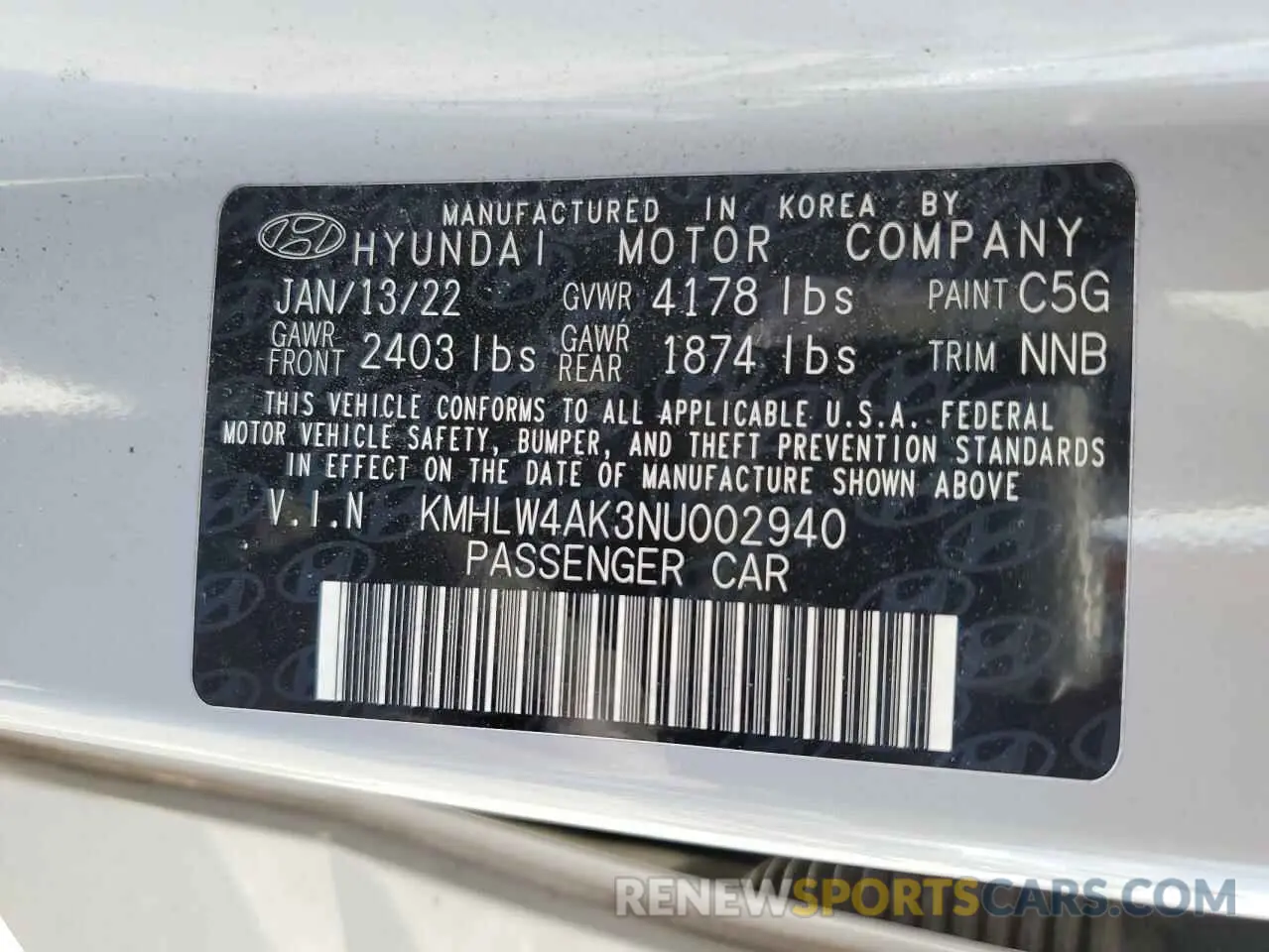 12 fotografías del automóvil dañado KMHLW4AK3NU002940 HYUNDAI ELANTRA 2022