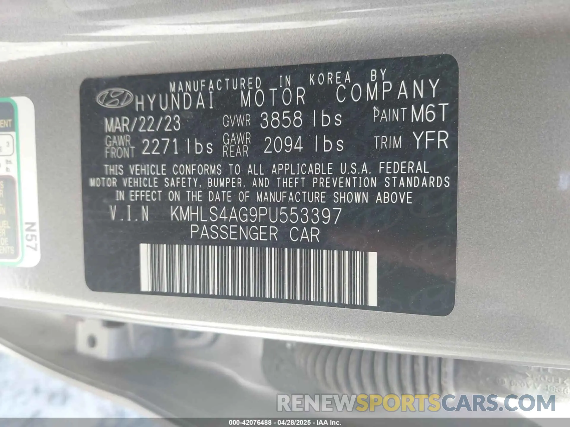 9 fotografías del automóvil dañado KMHLS4AG9PU553397 HYUNDAI ELANTRA 2023