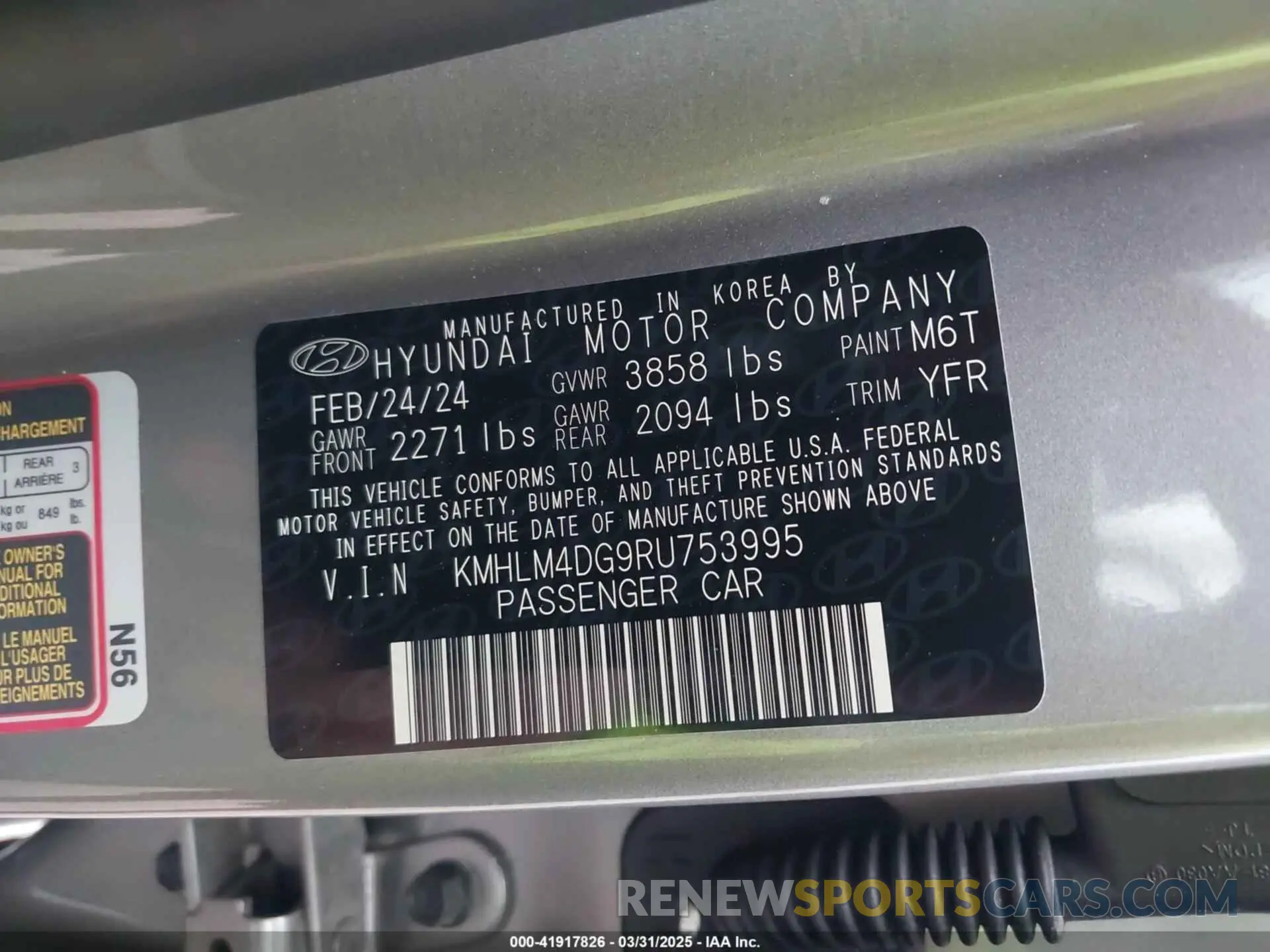 9 fotografías del automóvil dañado KMHLM4DG9RU753995 HYUNDAI ELANTRA 2024