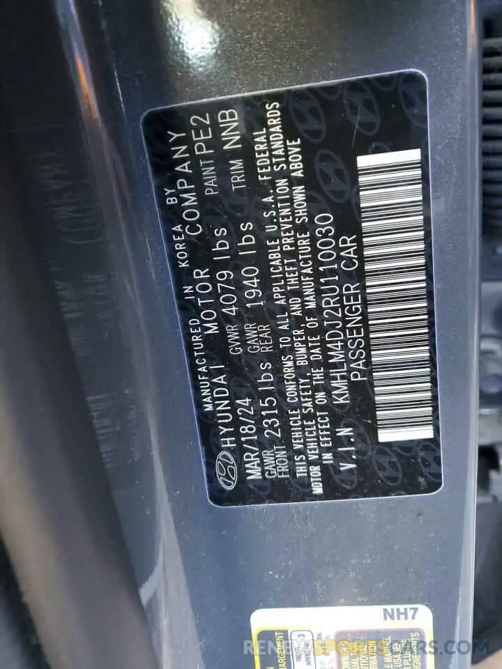 12 fotografías del automóvil dañado KMHLM4DJ2RU110030 HYUNDAI ELANTRA 2024