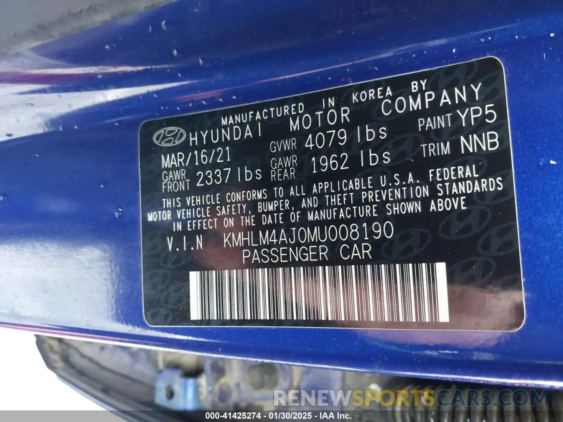 9 fotografías del automóvil dañado KMHLM4AJ0MU008190 HYUNDAI ELANTRA HYBRID 2021