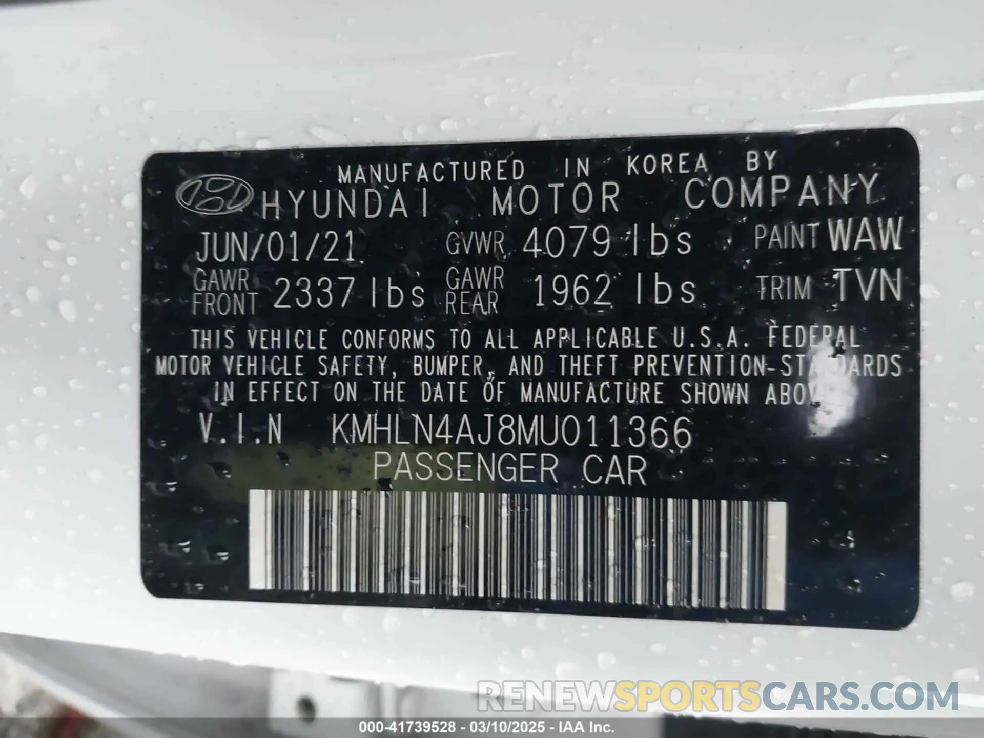 9 fotografías del automóvil dañado KMHLN4AJ8MU011366 HYUNDAI ELANTRA HYBRID 2021