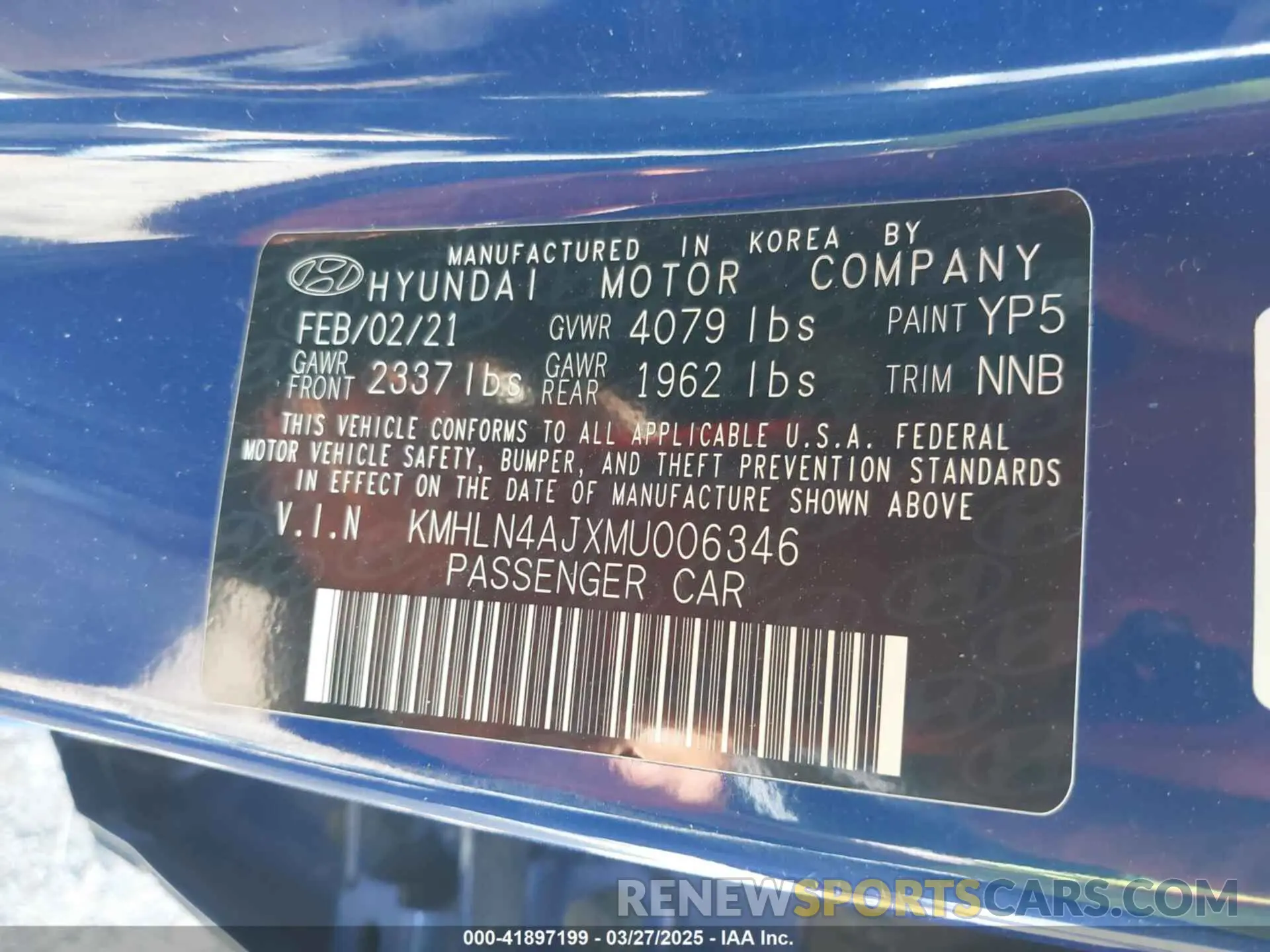 9 fotografías del automóvil dañado KMHLN4AJXMU006346 HYUNDAI ELANTRA HYBRID 2021