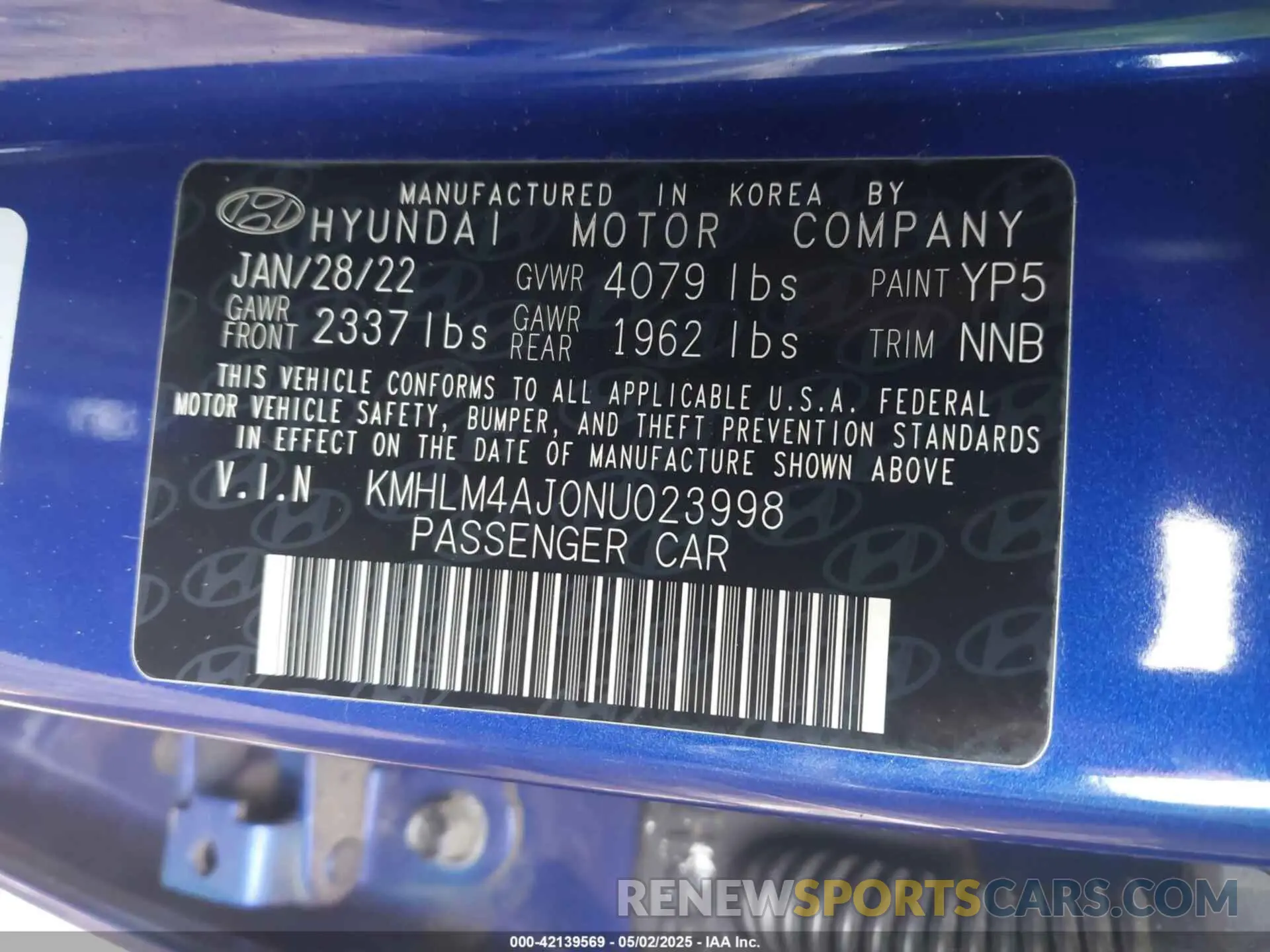 9 fotografías del automóvil dañado KMHLM4AJ0NU023998 HYUNDAI ELANTRA HYBRID 2022