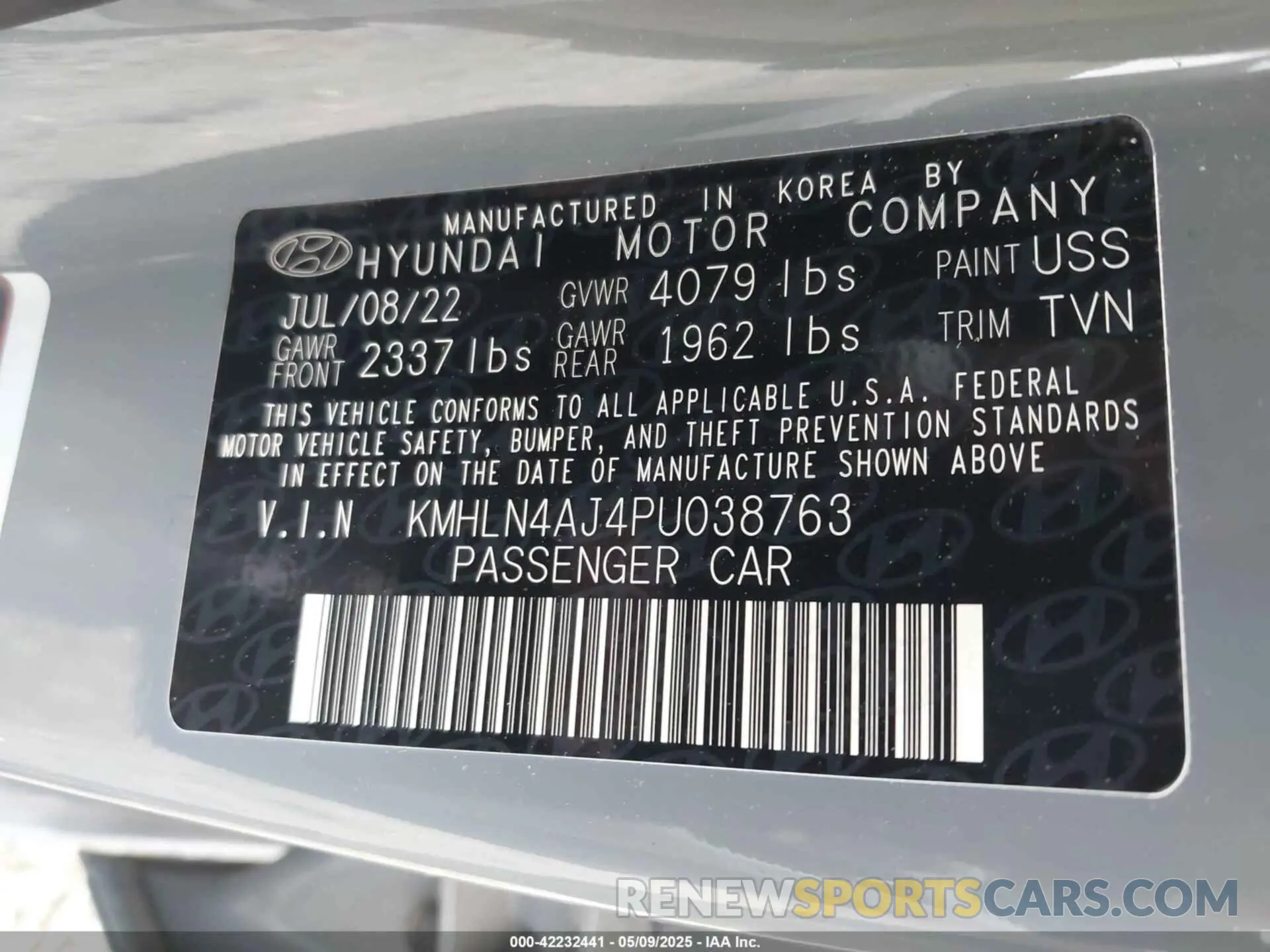 9 fotografías del automóvil dañado KMHLN4AJ4PU038763 HYUNDAI ELANTRA HYBRID 2023